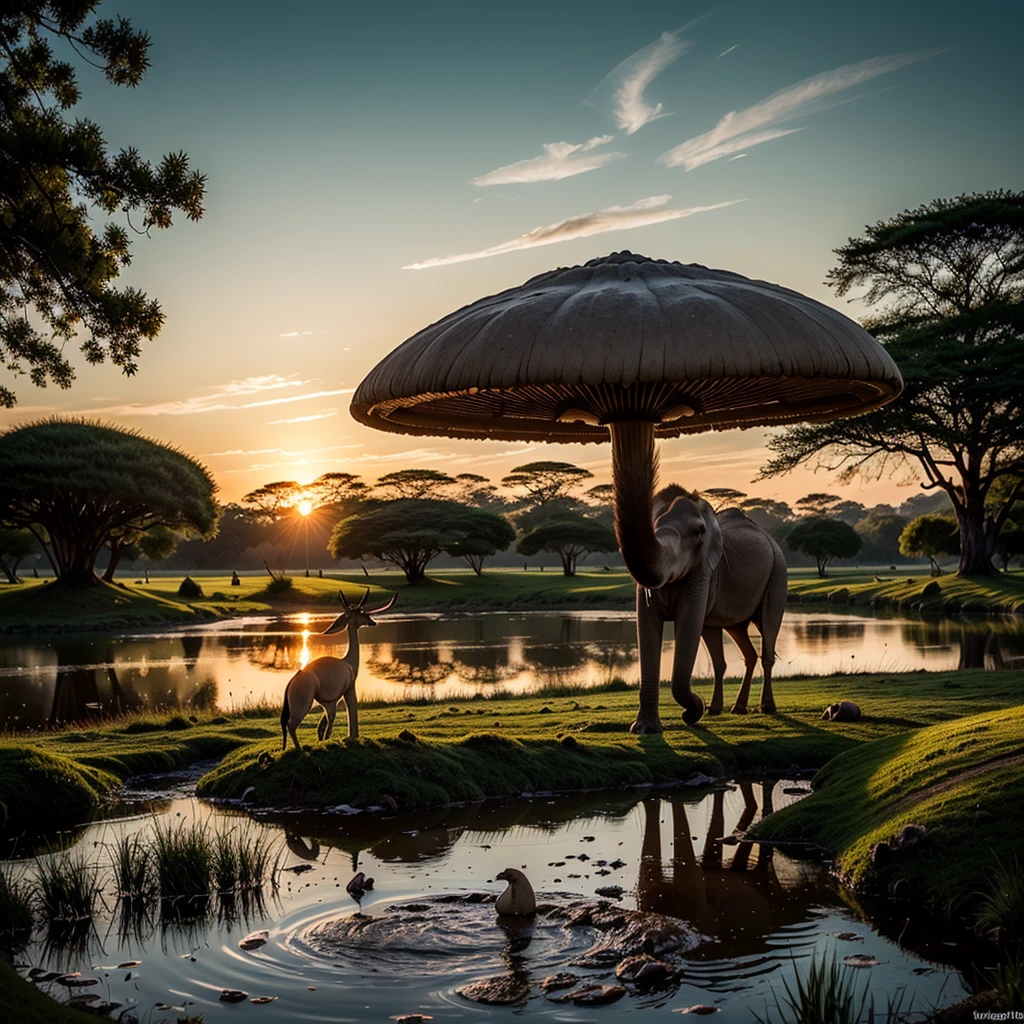 (best quality,4k,8k,highres,masterpiece:1.2),ultra-detailed,(realistic,photorealistic,photo-realistic:1.37), vivid colors, HDR, studio lighting, extreme detail description, professional, bokeh, vibrant, striking, colorful animals, fantasy creatures, enchanting wildlife, magnificent wildlife scenery, magical animals, exotic animals, wonderland of animals, magical creatures, captivating animal kingdom, breathtaking animal portraits, dazzling animal display, surreal animal world, whimsical animal paradise, kaleidoscope of colors, animals in vibrant hues, explosion of colors, animals in vivid palettes, animals in radiant colors, animals in striking shades, mushroom animals, creatures made of mushrooms, mushroom-inspired beings, animals with mushroom patterns, fantastical mushroom creatures, mushroom wildlife, mushroom-infused animals, majestic crocodiles, graceful impala, majestic elephants, crocodiles in the wild, impala roaming free, elephants in their natural habitat, African plains, evening pond, animals gathering for a drink, animals quenching their thirst, animals in a peaceful oasis, serene twilight scene, tranquil African landscape, mesmerizing reflections, ethereal atmosphere, soft golden light, dramatic silhouettes, serene water surface, magical twilight colors, tranquil ambiance.