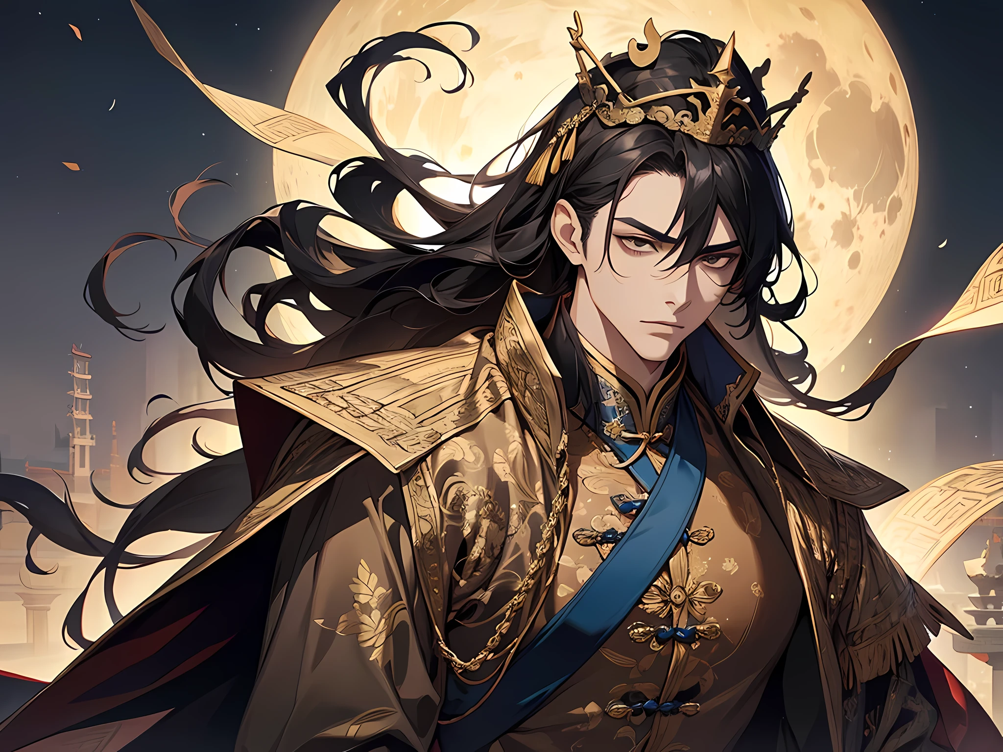 Masterpiece, Best quality, Night, full moon, 1 man, Mature man, Ancient China, Chinese palaces, eagle, Black hair, Black eyes, Split ends of hair, Long hair, Long bangs, Handsome, Diao noodles, chinese crown, Handsome, Masculine, Serious, gentle, Tall, calm, White and blue alternating clothing, Dark gold pattern, Bamboo leaf pattern, prince, Sword pairing, Side, Facial details, The face is delicate, (full body:0.6), face to detail, detailed eyes, eyes beautifully detailed