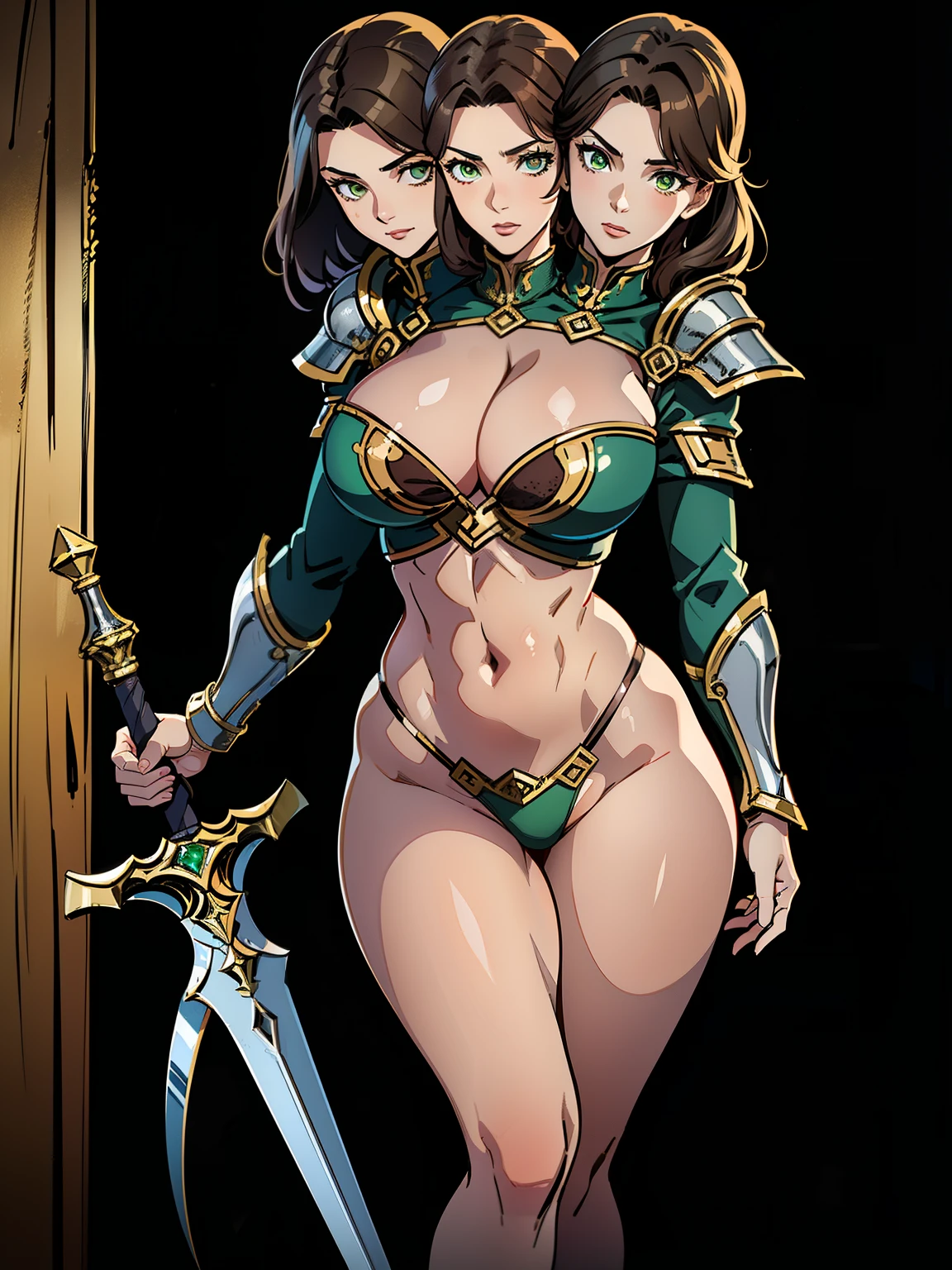(masterpiece),(ultra-detailed), (high quality), (high resolution), (best quality:1.5, highres, UHD), highres, absurdo, ultra detail, ultra quality, (2heads:1.5), 1girl, ((long ponytail)), ((brown hair)), yellow green eyes, cleavage, thighs, (silver gray armor), female warrior, (metal bikini ), (medieval outfit), sword, armored chest piece, gorgeous female knight, Guild Clothes with Armor, ((mature woman)), seductive silhouette, cleavage, smooth and lustrous skin, sexy proportions, slim legs, ((beautifully tall and slim woman)), sexy pose, seductive expressions, exposed middriff, detailed eyes