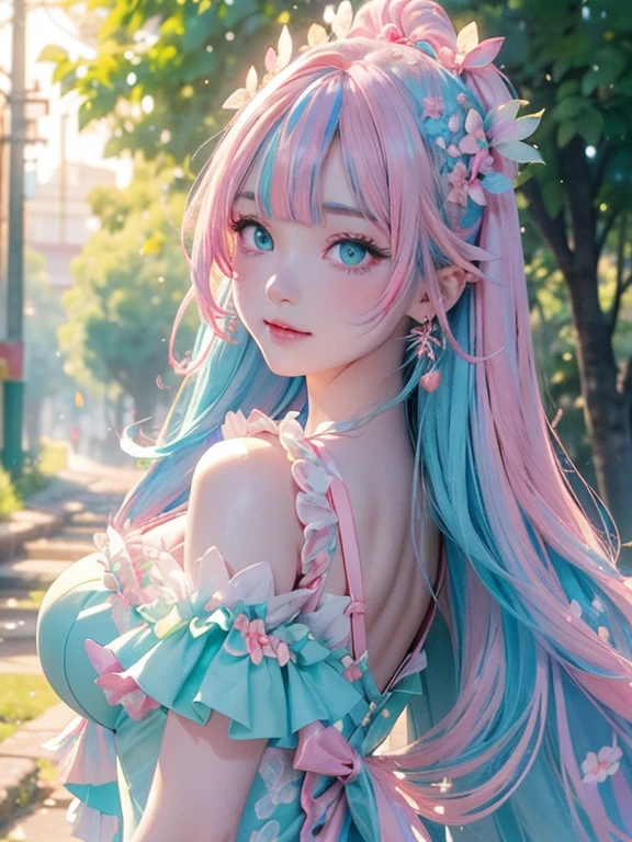 The arrival of autumn、Full body portrait from head to toe、big butt、big breasts、 (alone:1.5,)Super detailed,明るいcolor, very beautiful detailed anime face and eyes, look straight, ;d, shiny_skin,girl, (((虹colorの髪, colorful hair, Half blue、half pink hair: 1.2))), 、forehead is exposed.、green eyes、、shiny hair, delicate beautiful face, blush、(turquoise eyes), White skin, Valletta, earrings,、sunset、forest road、(((Floral、黄color、 with detailed frills,)))、twin tails、smile、happy face、face dyed red、color々pose、hip shot
