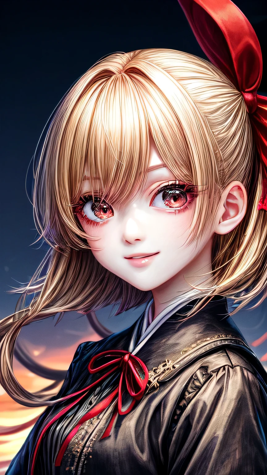 high quality, 最high quality, masterpiece, disorganized, red_Jacket, ribbon, black_eye, blonde_hair, short_hair, hair_ribbon, smile, 1 girl, torn clothes, Cloth,  Dense and beautiful black eyes, beautiful detailed lips, Highly detailed eyes and face, long eyelashes, detailed face, masterpiece, 最high quality, high quality, High resolution, (moonlit night background), Click here for eye line、(((Portrait)))