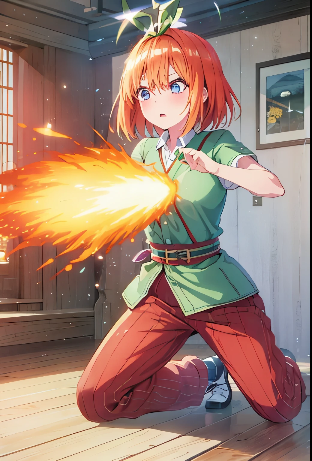 Green hair ribbon. Yotsuba nakano , sneezing, sneezing fire, yotsuba sneezing and a blaze of flame bursts from her nose, short orange hair, bob irange hair, blue eyes, nakano_yotsuba, splendid, iridescent, dynamic pose, moving, excellent character design, full body pose, perfect face, aayotsuba, bangs, firebreath, green ribbon on hair, green ribbon on top of head, cheery face, surprised face, cute face, startled face,