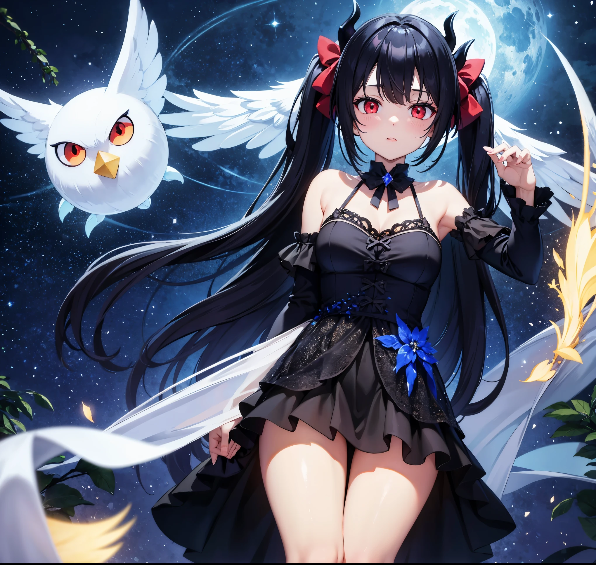 light blue long hair　Beautiful angel girl with twin tails　long black hair devil girl　A starry sky with a twinkling moon　In the mysterious forest　A fantasy world where a white owl watches over the two of you.　black long hair，red eyes，devil&#39;s horns，Girl's body type，There are demon wings behind it，in a mysterious forest　Moonlight shines in　fireflies dance　The stars twinkle　A white owl is watching over you　Please look into the camera，