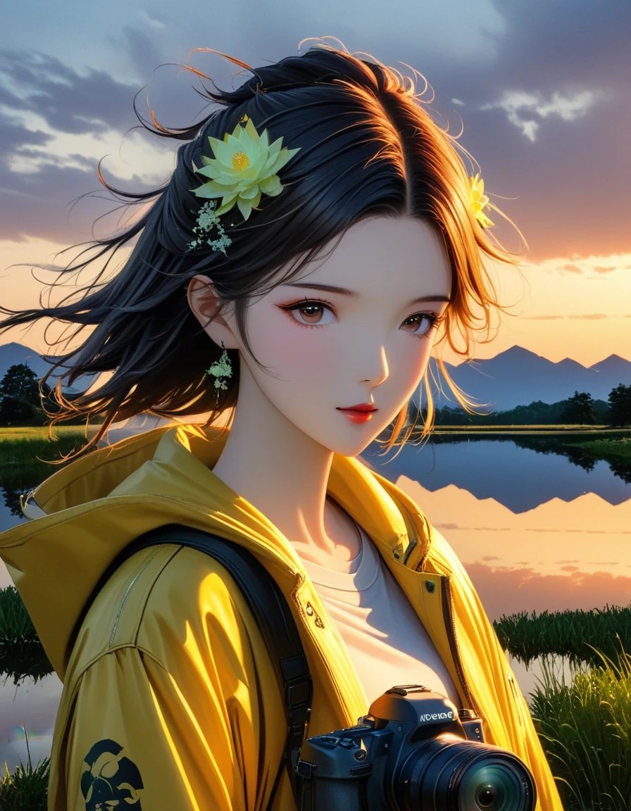 dusk landscape, sunset，pond，masterpiece, Japanese cartoons, kawaii, Lovely, Romantic, best quality, 2other, couple, Mature, aldult, height difference, different fashion, different color, Casual Wear, long sleeve, Smile, happy, like, whirlwind, blue sky, long hair man, light brown hair man, dark haired woman, dark haired woman  