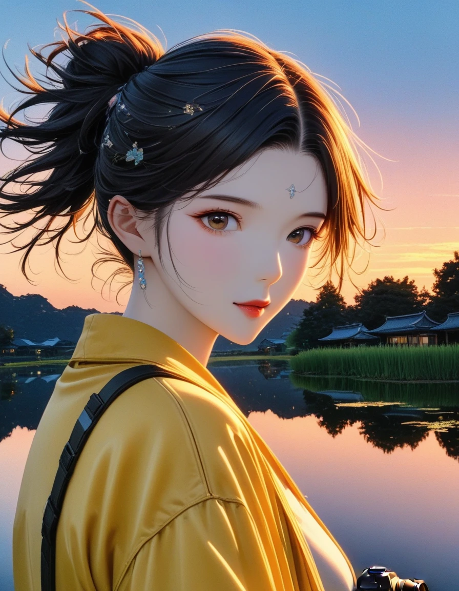 dusk landscape, sunset，pond，masterpiece, Japanese cartoons, kawaii, Lovely, Romantic, best quality, 2other, couple, Mature, aldult, height difference, different fashion, different color, Casual Wear, long sleeve, Smile, happy, like, whirlwind, blue sky, long hair man, light brown hair man, dark haired woman, dark haired woman  