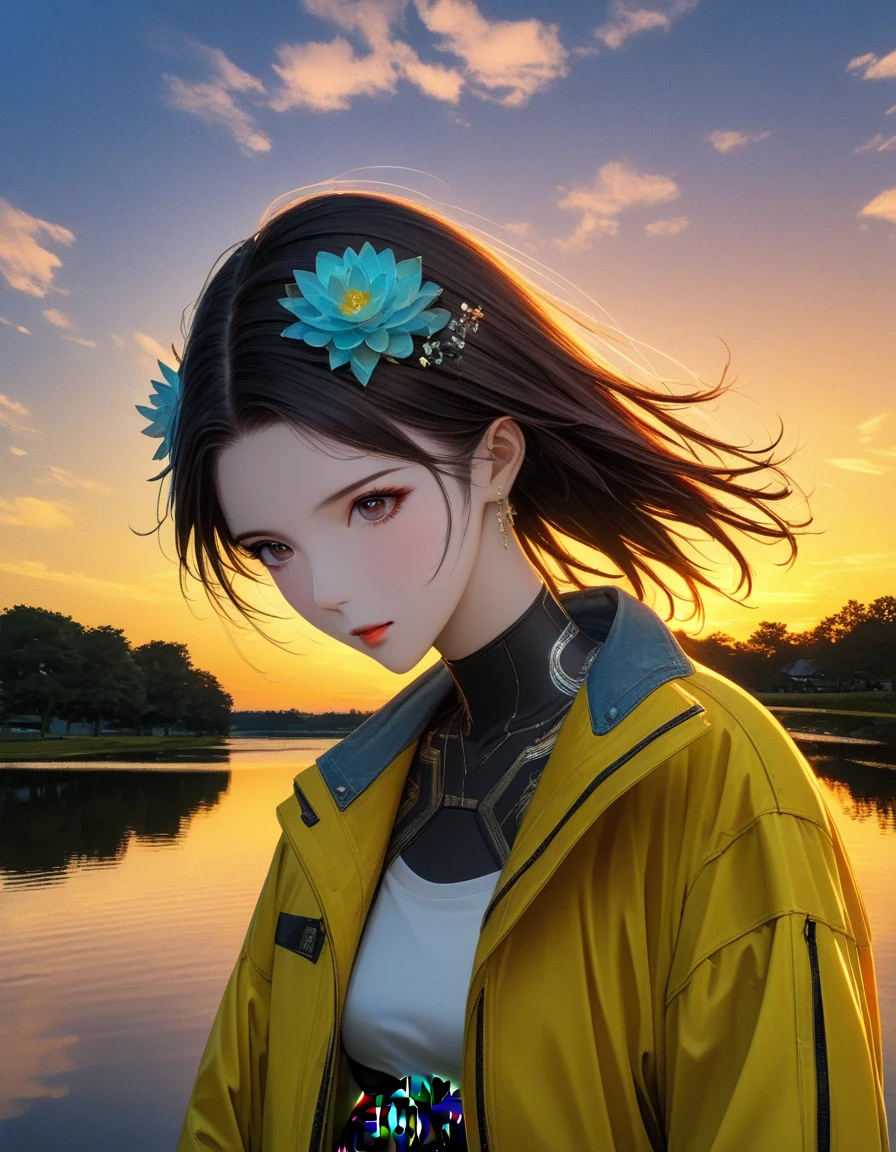 dusk landscape, sunset，pond，masterpiece, Japanese cartoons, kawaii, Lovely, Romantic, best quality, 2other, couple, Mature, aldult, height difference, different fashion, different color, Casual Wear, long sleeve, Smile, happy, like, whirlwind, blue sky, long hair man, light brown hair man, dark haired woman, dark haired woman  