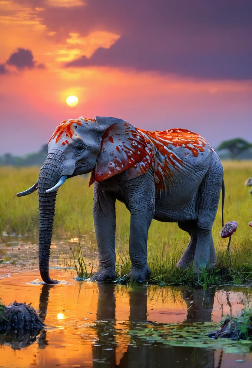 (best quality,4k,8k,highres,masterpiece:1.2),ultra-detailed,(realistic,photorealistic,photo-realistic:1.37), vivid colors, HDR, studio lighting, extreme detail description, professional, bokeh, vibrant, striking, colorful animals, fantasy creatures, enchanting wildlife, magnificent wildlife scenery, magical animals, exotic animals, wonderland of animals, magical creatures, captivating animal kingdom, breathtaking animal portraits, dazzling animal display, surreal animal world, whimsical animal paradise, kaleidoscope of colors, animals in vibrant hues, explosion of colors, animals in vivid palettes, animals in radiant colors, animals in striking shades, mushroom animals, creatures made of mushrooms, mushroom-inspired beings, animals with mushroom patterns, fantastical mushroom creatures, mushroom wildlife, mushroom-infused animals, majestic crocodiles, graceful impala, majestic elephants, crocodiles in the wild, impala roaming free, elephants in their natural habitat, African plains, evening pond, animals gathering for a drink, animals quenching their thirst, animals in a peaceful oasis, serene twilight scene, tranquil African landscape, mesmerizing reflections, ethereal atmosphere, soft golden light, dramatic silhouettes, serene water surface, magical twilight colors, tranquil ambiance.