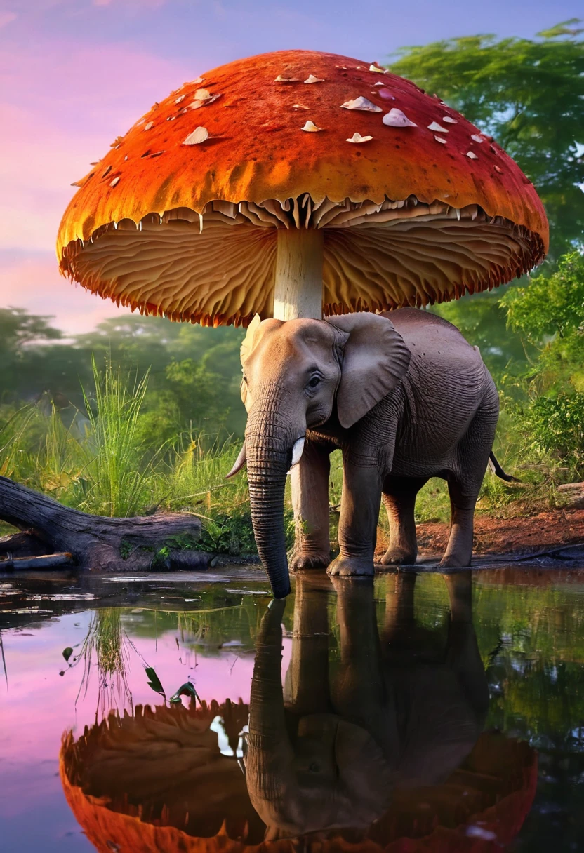 (best quality,4k,8k,highres,masterpiece:1.2),ultra-detailed,(realistic,photorealistic,photo-realistic:1.37), vivid colors, HDR, studio lighting, extreme detail description, professional, bokeh, vibrant, striking, colorful animals, fantasy creatures, enchanting wildlife, magnificent wildlife scenery, magical animals, exotic animals, wonderland of animals, magical creatures, captivating animal kingdom, breathtaking animal portraits, dazzling animal display, surreal animal world, whimsical animal paradise, kaleidoscope of colors, animals in vibrant hues, explosion of colors, animals in vivid palettes, animals in radiant colors, animals in striking shades, mushroom animals, creatures made of mushrooms, mushroom-inspired beings, animals with mushroom patterns, fantastical mushroom creatures, mushroom wildlife, mushroom-infused animals, majestic crocodiles, graceful impala, majestic elephants, crocodiles in the wild, impala roaming free, elephants in their natural habitat, African plains, evening pond, animals gathering for a drink, animals quenching their thirst, animals in a peaceful oasis, serene twilight scene, tranquil African landscape, mesmerizing reflections, ethereal atmosphere, soft golden light, dramatic silhouettes, serene water surface, magical twilight colors, tranquil ambiance.