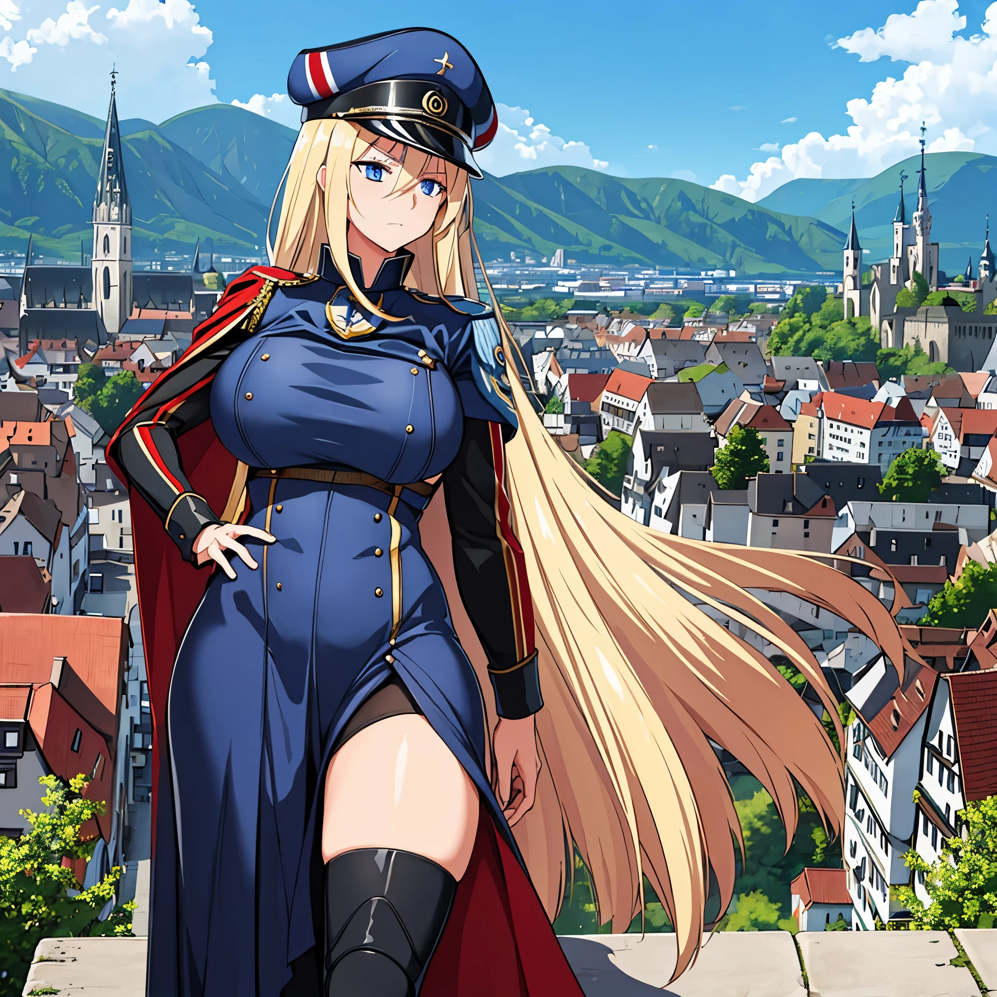 A woman wearing a custom military dress, military hat, big breasts, wearing a cape, long blonde hair, blue eyes, in the upper part of a German city, with the city in the background, perfect quality, masterpiece, ultra resolution, very detailed, 4k hd.
