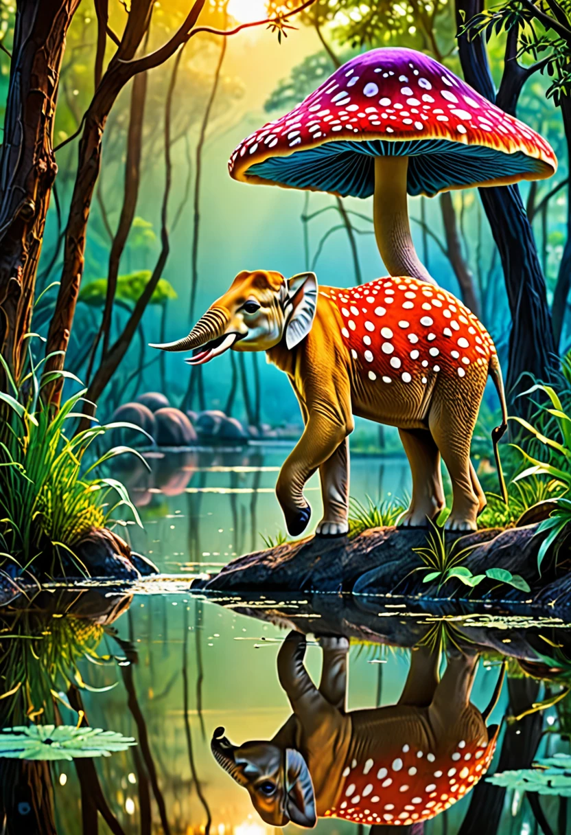 (best quality,4k,8k,highres,masterpiece:1.2),ultra-detailed,(realistic,photorealistic,photo-realistic:1.37), vivid colors, HDR, studio lighting, extreme detail description, professional, bokeh, vibrant, striking, colorful animals, fantasy creatures, enchanting wildlife, magnificent wildlife scenery, magical animals, exotic animals, wonderland of animals, magical creatures, captivating animal kingdom, breathtaking animal portraits, dazzling animal display, surreal animal world, whimsical animal paradise, kaleidoscope of colors, animals in vibrant hues, explosion of colors, animals in vivid palettes, animals in radiant colors, animals in striking shades, mushroom animals, creatures made of mushrooms, mushroom-inspired beings, animals with mushroom patterns, fantastical mushroom creatures, mushroom wildlife, mushroom-infused animals, majestic crocodiles, graceful impala, majestic elephants, crocodiles in the wild, impala roaming free, elephants in their natural habitat, African plains, evening pond, animals gathering for a drink, animals quenching their thirst, animals in a peaceful oasis, serene twilight scene, tranquil African landscape, mesmerizing reflections, ethereal atmosphere, soft golden light, dramatic silhouettes, serene water surface, magical twilight colors, tranquil ambiance.