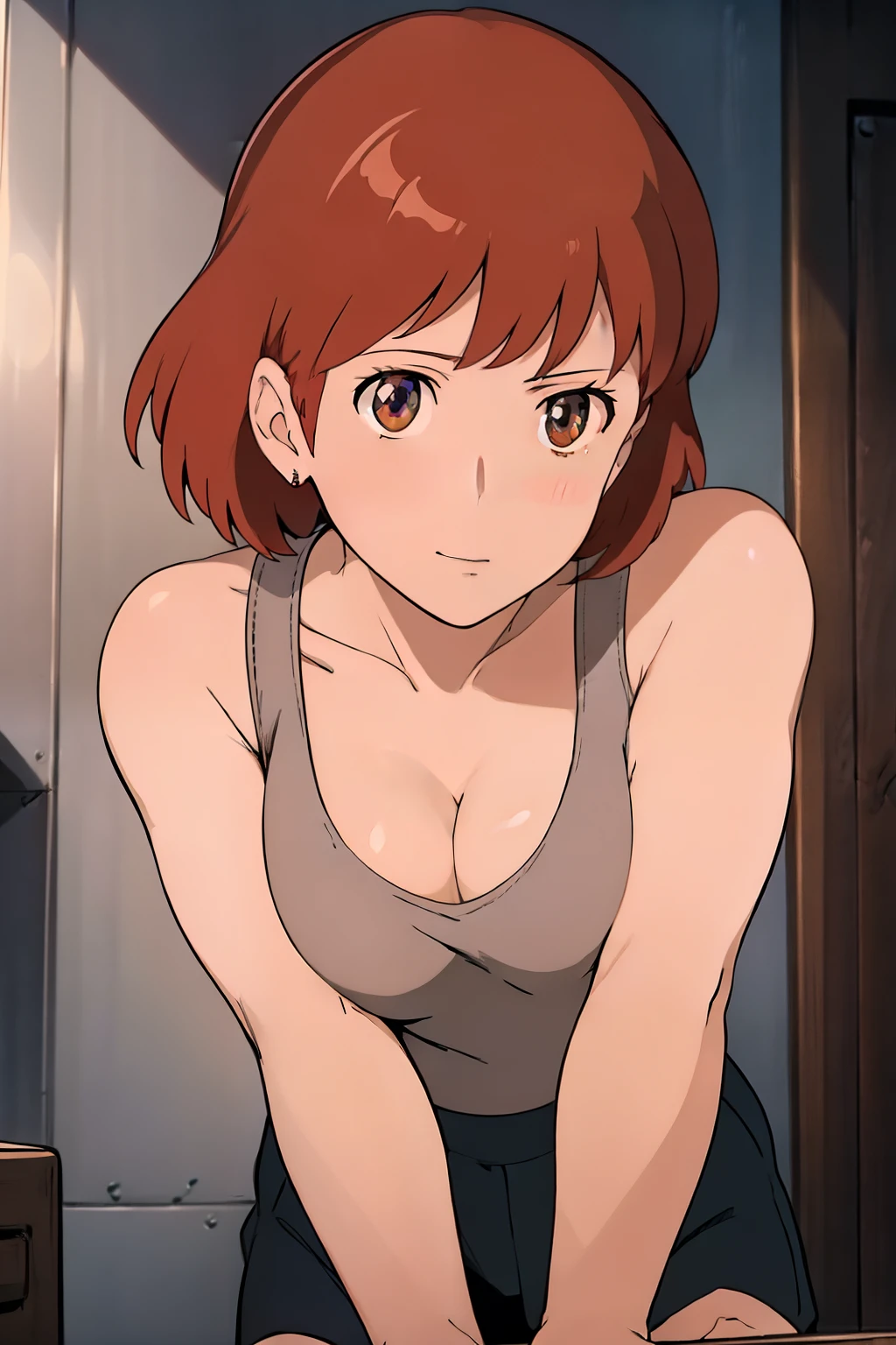 nsfw,(masterpiece, highest quality, High resolution, anime screenshot, anime color, 8K, realistic), Nausicaa, woman, mature woman, wife, alone, brown hair, (looking at the viewer), huge breasts, cleavage, (white tank top), Upper body, forest, (perfect detailed anatomy, beautiful and detailed face&eye:1.5, shiny skin, perfect body)、erect nipples、I want to see up to my kneecaps