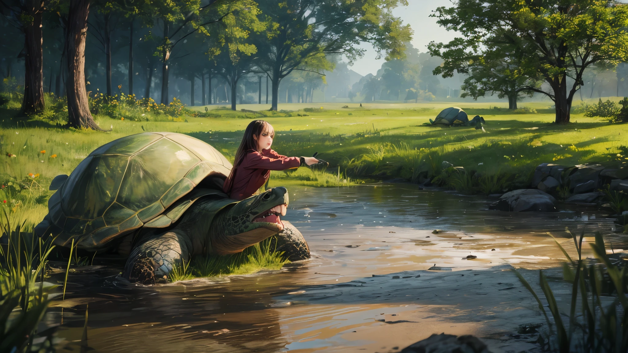 1 girl, side to a giant turtle, scenery with grass and water, mud, ultra detailed, 8k, 4k