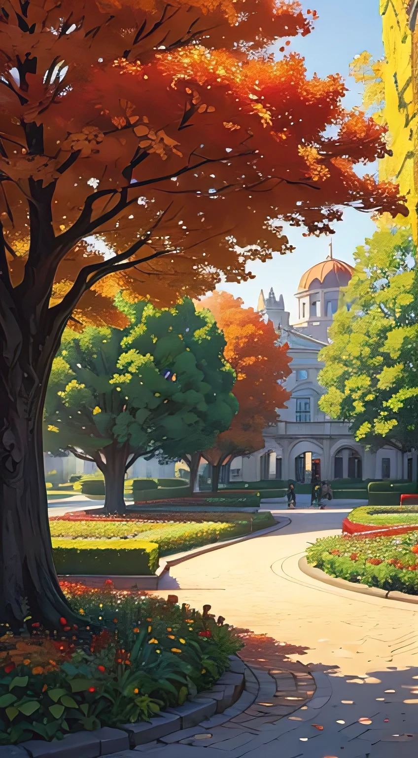 Beautiful autumn garden drawing, a park, flowers, palace, city street, shopping mall, red flowers, leaves are red, flower bed, no humans, desktop image, Background image style, Regency era,