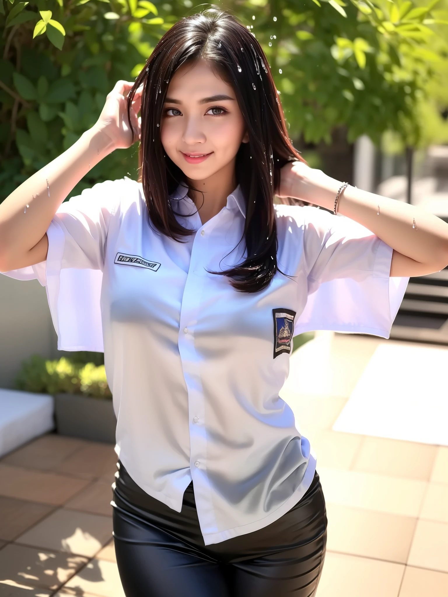 (hyperrealistic), (illustration), (high resolution), (8K), (extremely detailed), (best illustration), (beautiful detailed eyes), (best quality), (ultra-detailed), (masterpiece), (wallpaper), (photorealistic), (natural light), (detailed face), (high detailed realistic skin texture), (anatomically correct), (solo), (1 girl), (high detailed realistic hair), (caramel hair), (heterochromic eyes), (detailed eyes), (brown eyes), (sparkling eyes), (realistic big breasts), (slender abs), (dynamic pose), (closed tiny mouth), (concentrated expression), (upon body from head to thigh), (dimple), (a girl playing in the garden), (wet clothes:1.4), (transparent clothes:1.41)