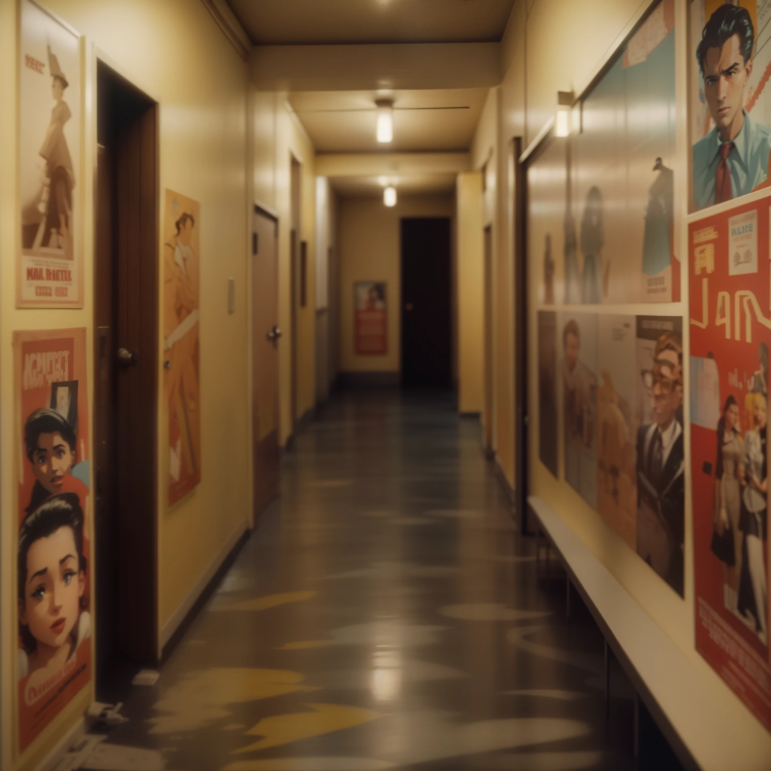 A plain white corridor with neatly arranged hand-painted posters on the wall of a building, 1950s retro theater passage corridor, poor lighting,retro movie stills, VHS clips of movie scenes, Still photos, soft glow,cinestill 800t 35mm eastmancolor