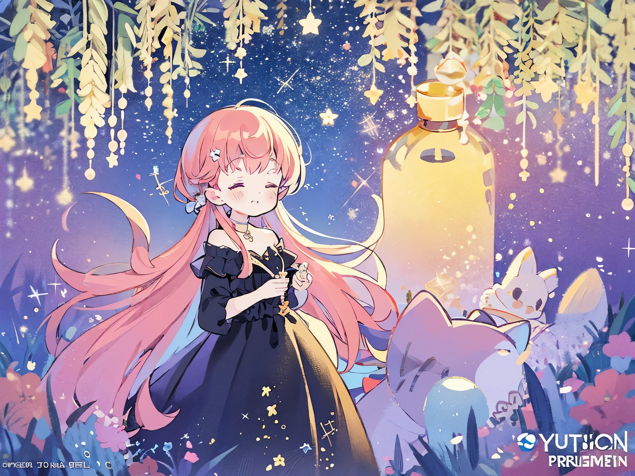 complex background, wishing star background, woman inside of the bottle wearing a ethereal mystical pink traslucent dress that reflects the stars , perfume promo art, mystic,complex drawing, highly detailed, Covergirl brand, promo art,a woman inside of a perfume bottle. artistic rendition, ethereal, starry night, midjourney style