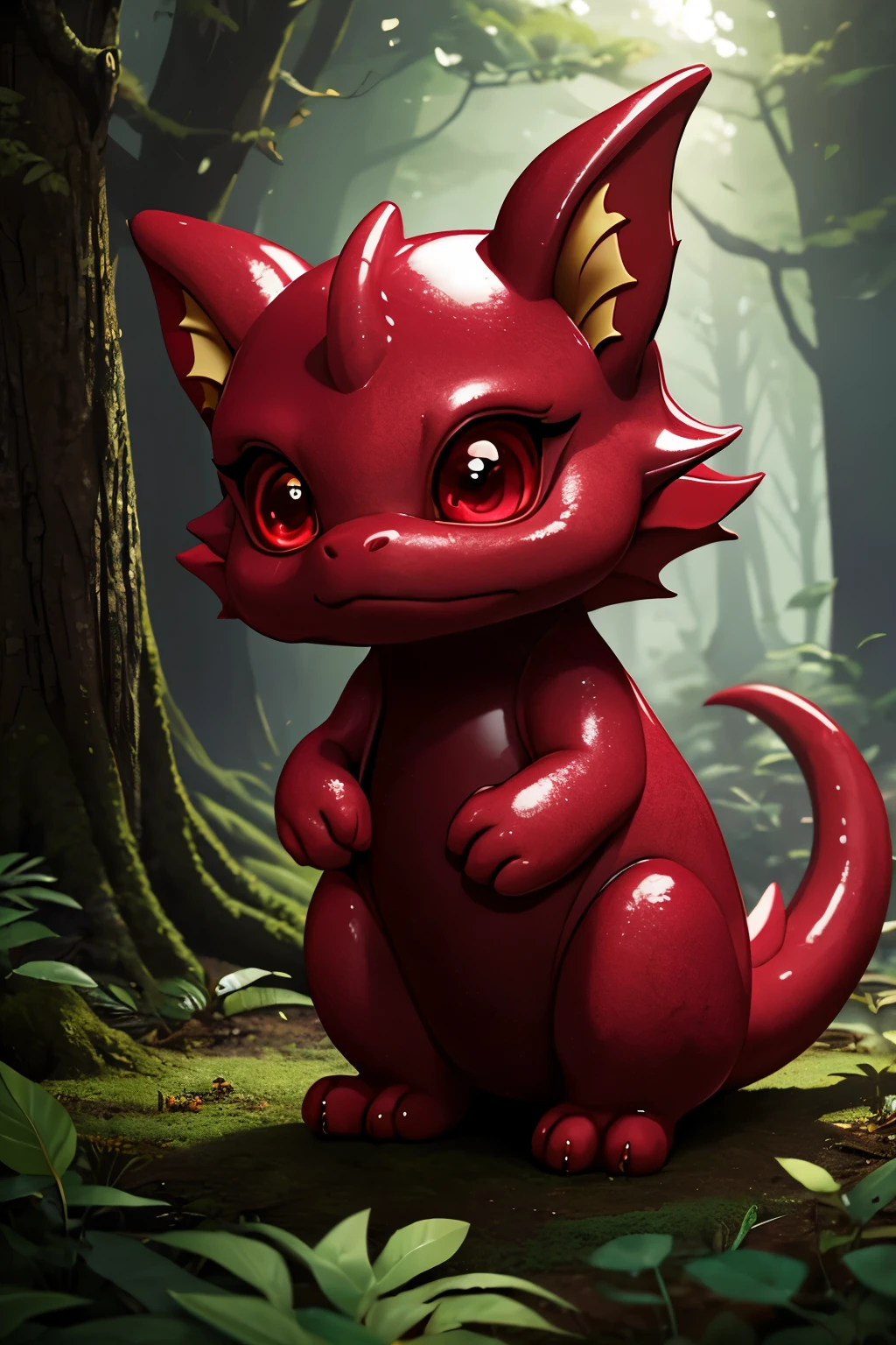 full body picture of a realistic and detailed of a glossy, luminiscent cute ruby that resembles a dragon creature in a forest
