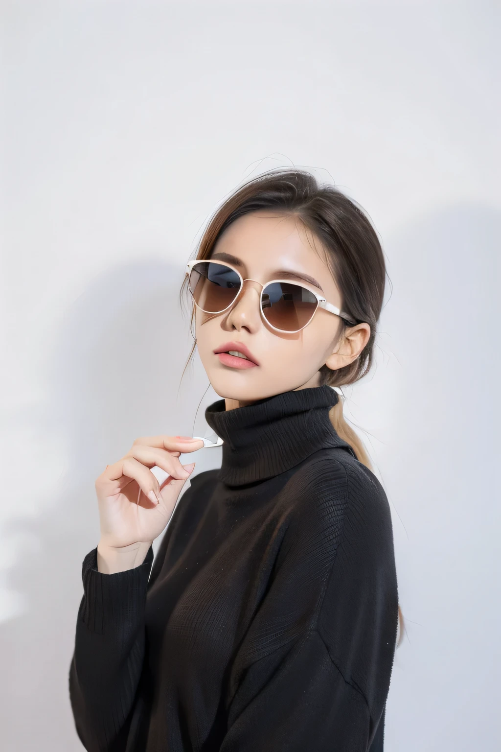 there is a woman Wear sunglasses and a turtle neck sweater, full length view. white plastic, Comes with sunglasses,, Comes with sunglasses, digital sunglasses, A very beautiful woman in white, With backlight, Wearing black-rimmed glasses, white glasses, Wear sunglasses, implant sunglasses, Light milky white porcelain skin, Wearing small round glasses