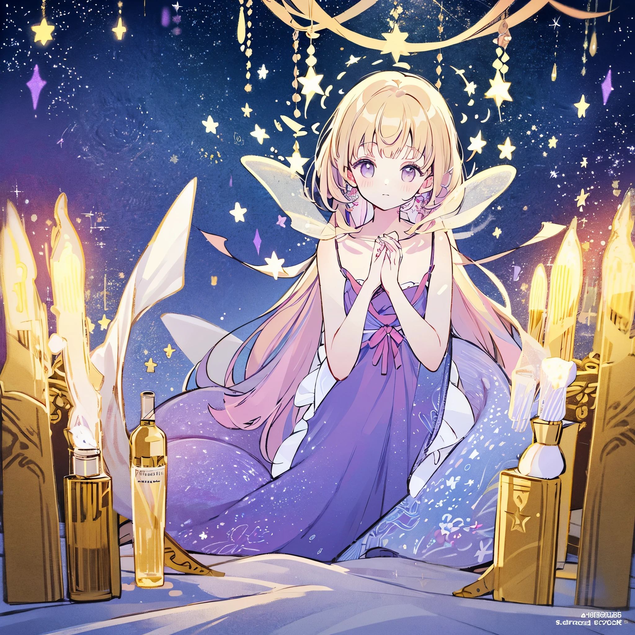 complex background, wishing star background, woman inside of the bottle wearing a ethereal mystical pink traslucent dress that reflects the stars , perfume promo art, mystic,complex drawing, highly detailed, Covergirl brand, promo art,a woman inside of a perfume bottle. artistic rendition, ethereal, starry night, midjourney style