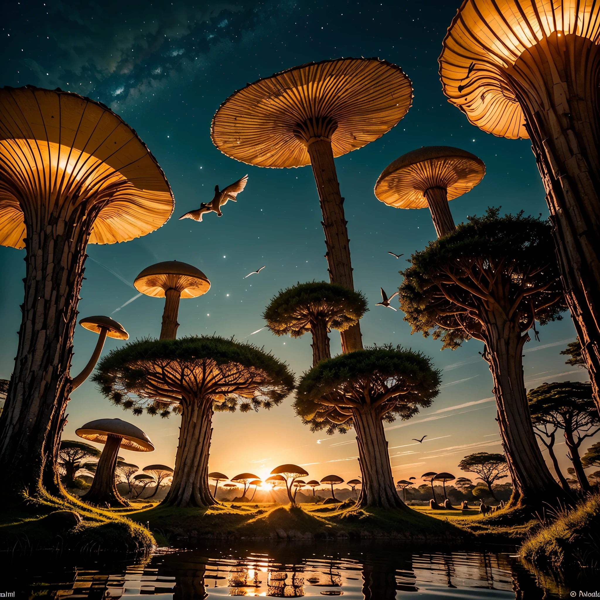 (best quality,4k,8k,highres,masterpiece:1.2),ultra-detailed,(realistic,photorealistic,photo-realistic:1.37), vivid colors, HDR, studio lighting, extreme detail description, professional, bokeh, vibrant, striking, colorful animals, fantasy creatures, enchanting wildlife, magnificent wildlife scenery, magical animals, exotic animals, wonderland of animals, magical creatures, captivating animal kingdom, breathtaking animal portraits, dazzling animal display, surreal animal world, whimsical animal paradise, kaleidoscope of colors, animals in vibrant hues, explosion of colors, animals in vivid palettes, animals in radiant colors, animals in striking shades, mushroom animals, creatures made of mushrooms, mushroom-inspired beings, animals with mushroom patterns, fantastical mushroom creatures, mushroom wildlife, mushroom-infused animals, majestic crocodiles, graceful impala, majestic elephants, crocodiles in the wild, impala roaming free, elephants in their natural habitat, African plains, evening pond, animals gathering for a drink, animals quenching their thirst, animals in a peaceful oasis, serene twilight scene, tranquil African landscape, mesmerizing reflections, ethereal atmosphere, soft golden light, dramatic silhouettes, serene water surface, magical twilight colors, tranquil ambiance.