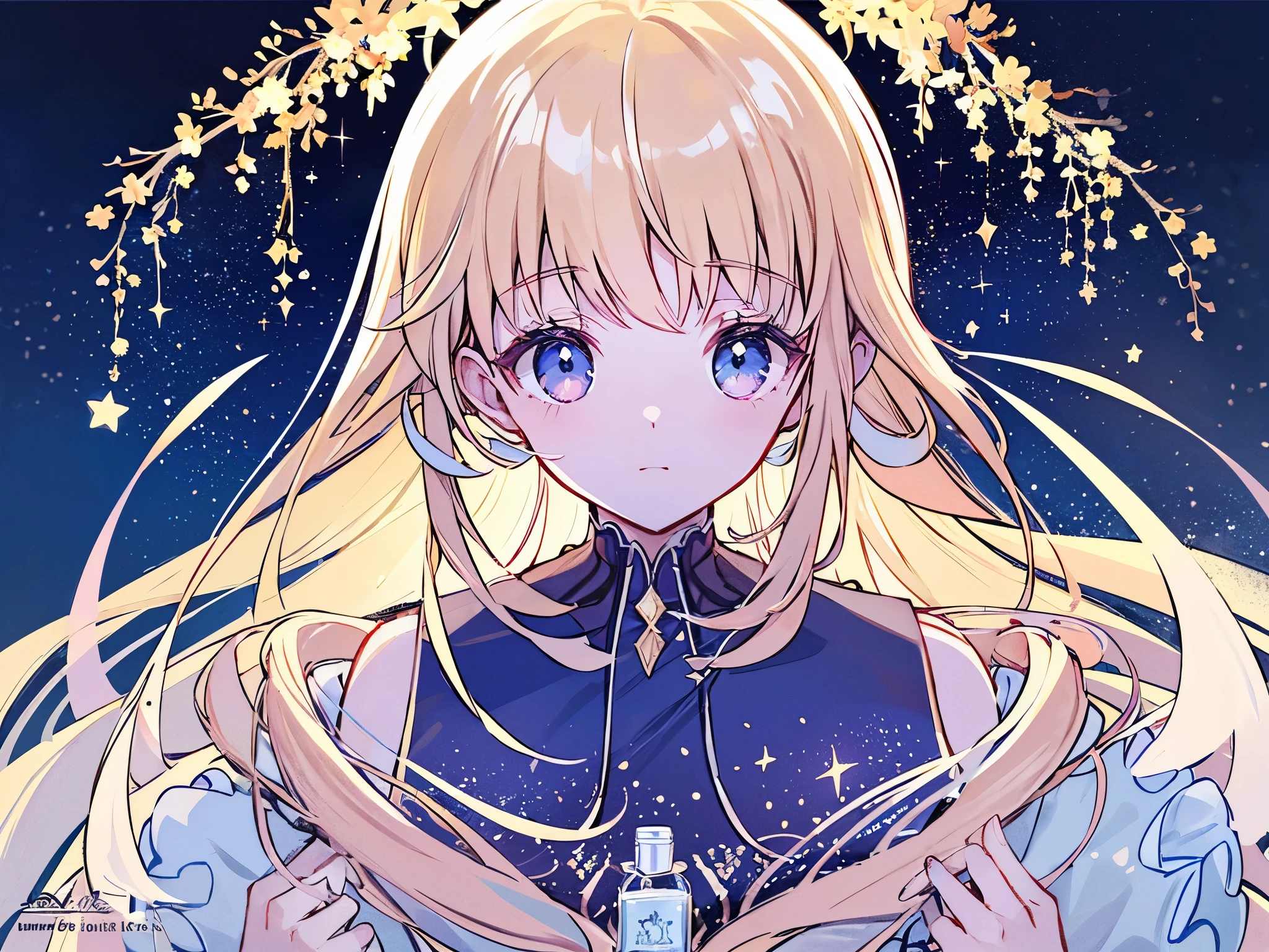 complex background, wishing star background, woman inside of the bottle wearing a ethereal mystical pink traslucent dress that reflects the stars , perfume promo art, mystic,complex drawing, highly detailed, Covergirl brand, promo art,a woman inside of a perfume bottle. artistic rendition, ethereal, starry night, midjourney style