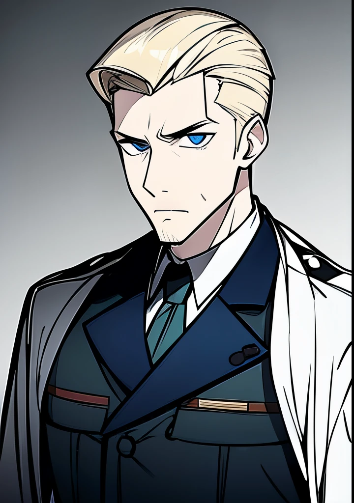 Young Adult male, white and tender skin, pale blonde slicked back combed short hair, kaisermustache, ducktail beard, steel blue eyes, green and slightly mature, serious and emotionless facial expression,wearing world war 2 era german fatigues, portrait style, facing forwards