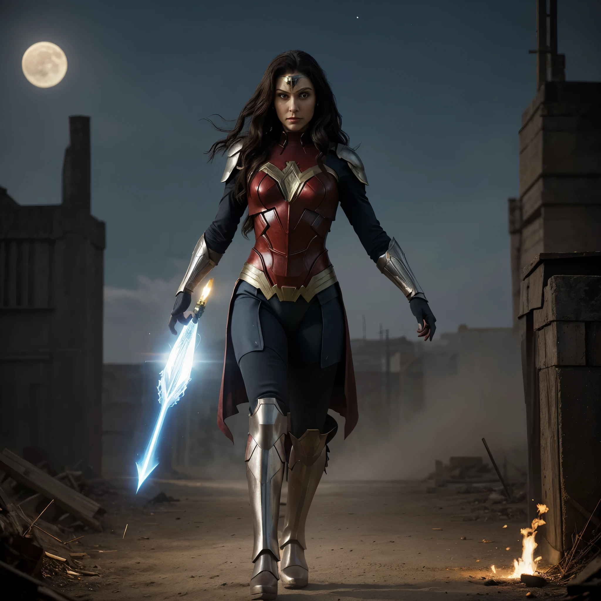 At 39, this woman displays an imposing and magnetic presence. Its detailed armor combines distinct elements of the legendary characters Wonder Woman, Iron Man, Moon Knight and Blade the Vampire Hunter, developed into a unique and powerful appearance. His armor is a technological and aesthetic work of art, designed to combine protection and agility. Inspired by Wonder Woman, the armor features a harmonious blend of red, blue, and gold tones, highlighting her nobility and courage. The set consists of sturdy and flexible metal plates, which hug your body elegantly, allowing for a wide range of movements. The design of the armor is influenced by the innovation and tolerated of Iron Man. It is equipped with advanced technology, such as jet thrusters integrated into the boots, which grant it speed and the ability to fly short distances. Their fists have directed repulsors, capable of firing powerful and precise bursts of energy. The influence of the Moon Knight manifests itself in the appearance and mystery of the armor. Touches of silver and black adorn the metal plates, and the sight of the woman behind the mask reveals only her eyes, which glow with a lunar aura, conveying a supernatural connection to the nocturnal forces. To top it off, the influence of Blade the Vampire Slayer is visible in the subtle and practical details of the armor. She carries a variety of pockets and strategic compartments to store wooden stakes, crucifixes and garlic jars, allowing her to always be ready to face supernatural creatures. This 39-year-old woman embodies a perfect fusion of strength, agility and autonomy. His detailed and unique armor is a visual expression of his superhuman abilities and his commitment to protecting humanity from the threats of evil. She represents courage, justice and perseverance, a true heroine whose presence inspires everyone to her own