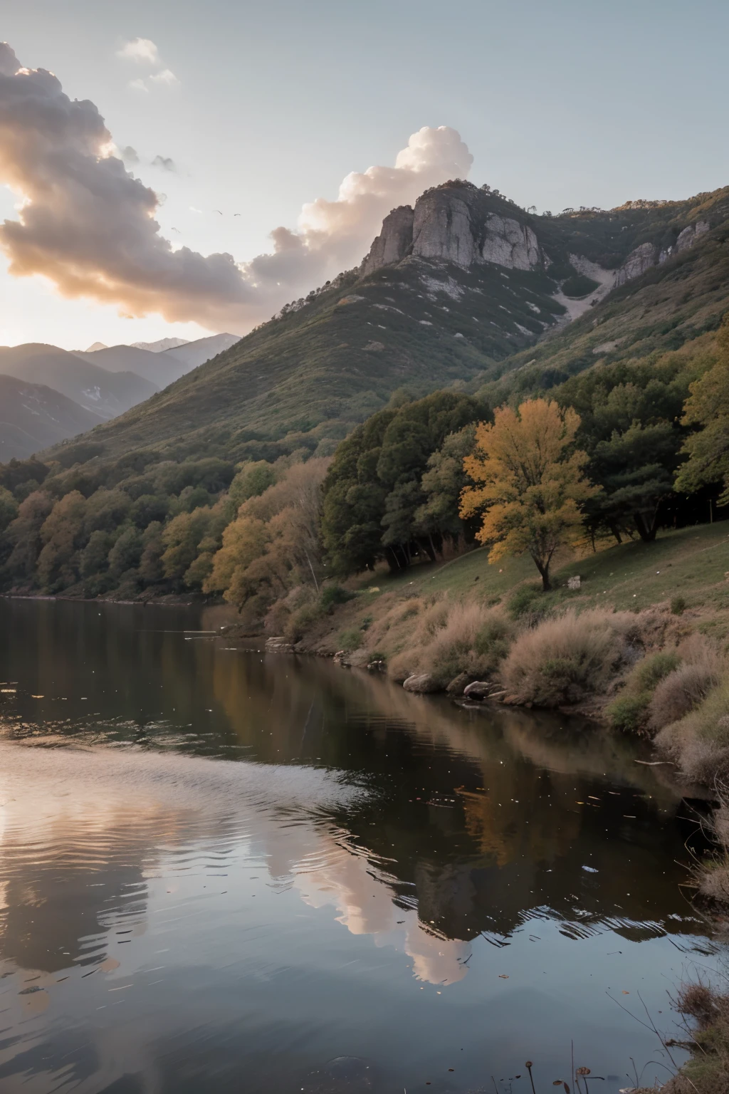 Montanhas cobertas de neve no horizonte.
The sky at sunset with orange tones, rosa e roxo.
Trees scattered across the mountainside.
A small lake reflecting the colors of the sunset.
Some clouds in the sky to add texture.
