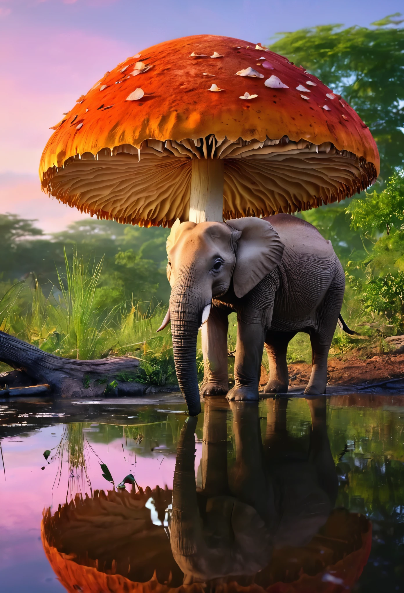 (best quality,4k,8k,highres,masterpiece:1.2),ultra-detailed,(realistic,photorealistic,photo-realistic:1.37), vivid colors, HDR, studio lighting, extreme detail description, professional, bokeh, vibrant, striking, colorful animals, fantasy creatures, enchanting wildlife, magnificent wildlife scenery, magical animals, exotic animals, wonderland of animals, magical creatures, captivating animal kingdom, breathtaking animal portraits, dazzling animal display, surreal animal world, whimsical animal paradise, kaleidoscope of colors, animals in vibrant hues, explosion of colors, animals in vivid palettes, animals in radiant colors, animals in striking shades, mushroom animals, creatures made of mushrooms, mushroom-inspired beings, animals with mushroom patterns, fantastical mushroom creatures, mushroom wildlife, mushroom-infused animals, majestic crocodiles, graceful impala, majestic elephants, crocodiles in the wild, impala roaming free, elephants in their natural habitat, African plains, evening pond, animals gathering for a drink, animals quenching their thirst, animals in a peaceful oasis, serene twilight scene, tranquil African landscape, mesmerizing reflections, ethereal atmosphere, soft golden light, dramatic silhouettes, serene water surface, magical twilight colors, tranquil ambiance.