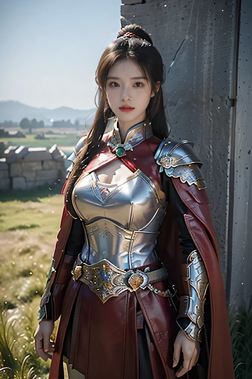 masterpiece,Best quality,A high resolution,8K,Original photo,real photo,Ancient city wall battlefield background,((field:1.8)),digital photography,(Female generals on the battlefield in the Han Dynasty),(((standing on the grass))),18-year-old girl,(long ponytail hairstyle),cparted lips,Full and erect breasts,Noble and charming,Elegant and serious,(Thick purple fish scale armor),Long red cape,The combination of white metal and red leather,Chest covered with gold armor,metallic luster,Leather buckle,Exquisite pattern,mysterious badge,Cool and gorgeouig breasts)),Chest groove,Three Kingdoms character painting style,Photo pose,oc render reflection texture,bright shades,No shadows on the face,charming smile,Head-up shot,