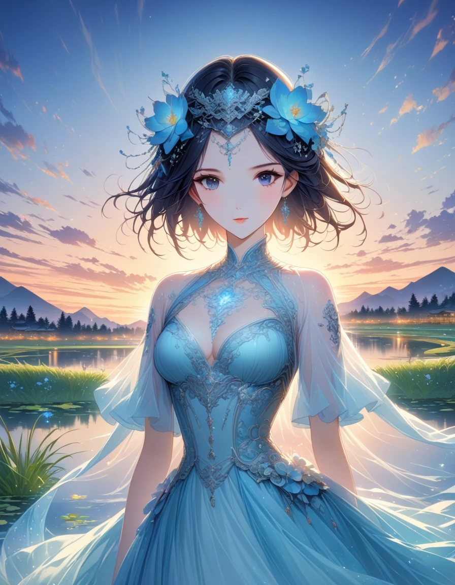 dusk landscape, sunset,pond,{masterpiece},{best quality},{1 girl}, Lovely, Astonishing, short hair, black hair,fine details,depth of field,Extremely detailed CG,The original, Very detailed wallpaper,