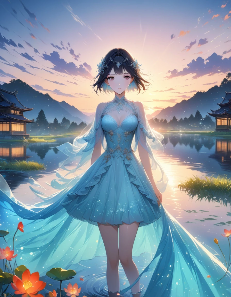 dusk landscape, sunset，pond，masterpiece, Japanese cartoons, kawaii, Lovely, Romantic, best quality, 2other, couple, Mature, aldult, height difference, different fashion, different color, Casual Wear, long sleeve, Smile, happy, like, whirlwind, blue sky, long hair man, light brown hair man, dark haired woman, dark haired woman  