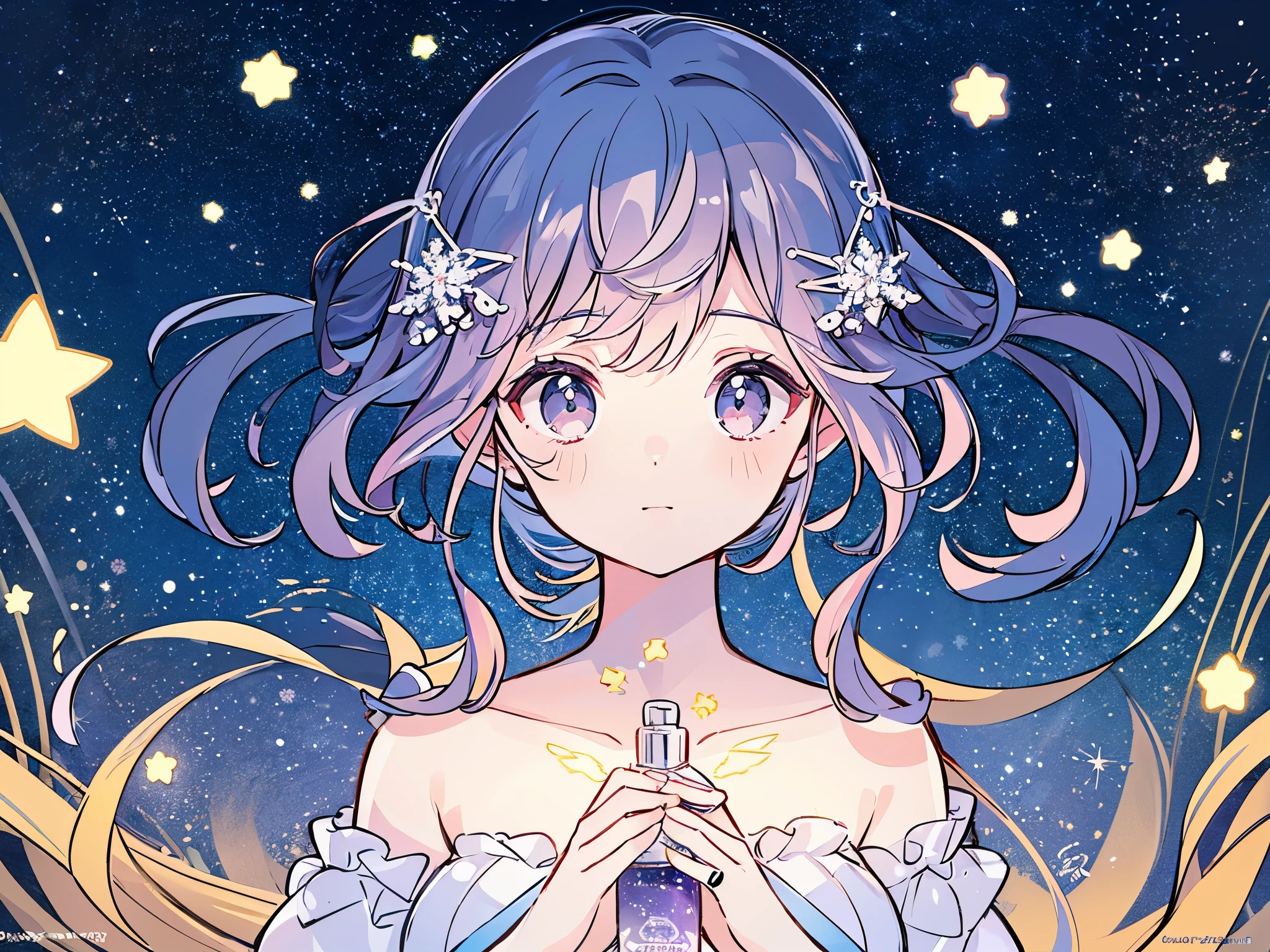complex background, wishing star background, woman inside of the bottle wearing a ethereal mystical pink traslucent dress that reflects the stars , perfume promo art, mystic,complex drawing, highly detailed, Covergirl brand, promo art,a woman inside of a perfume bottle. artistic rendition, ethereal, starry night, midjourney style