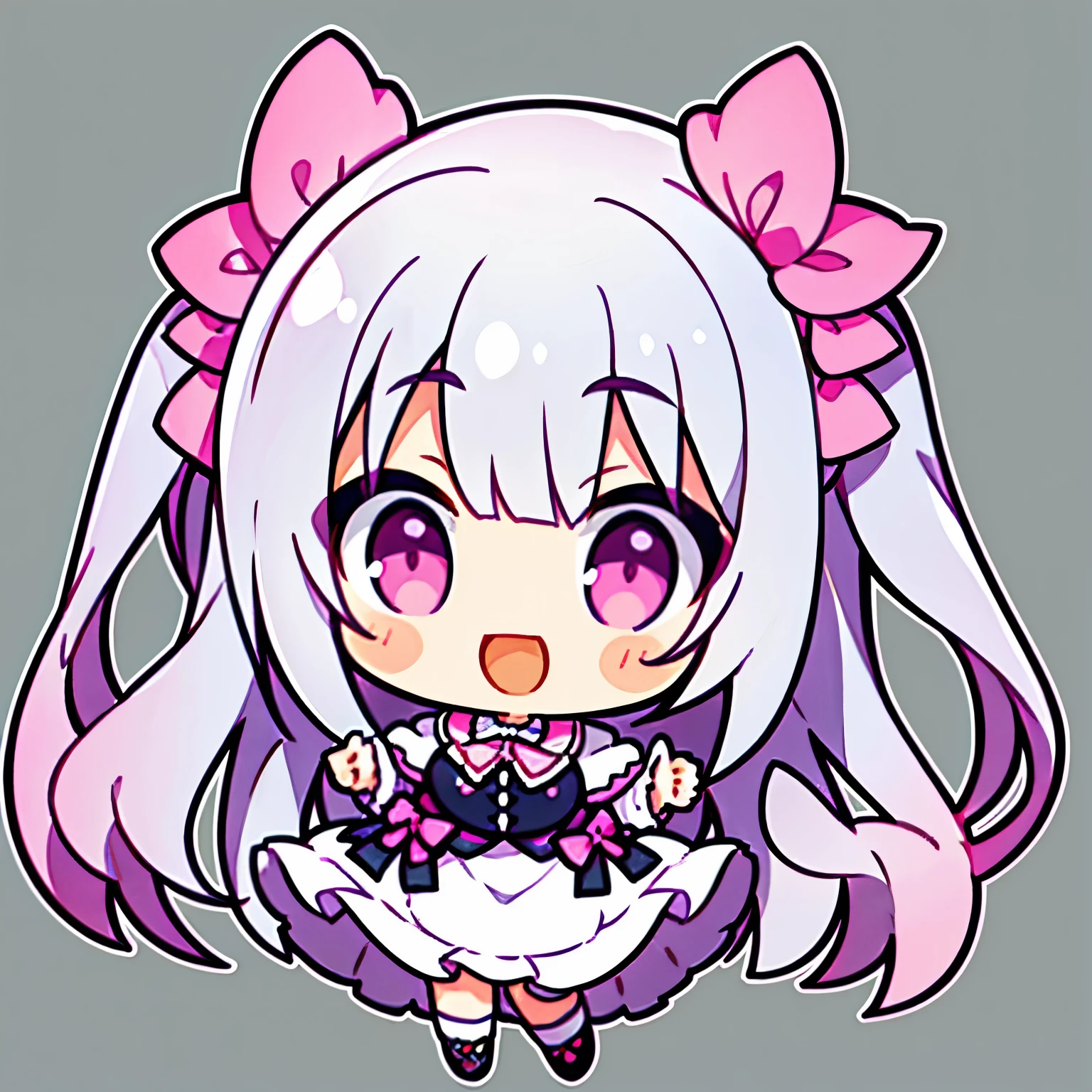 bright look,open mouth smile,Very cute Q version silver-haired girl ,pink eyes and pupils,long hair,two side up,simple background