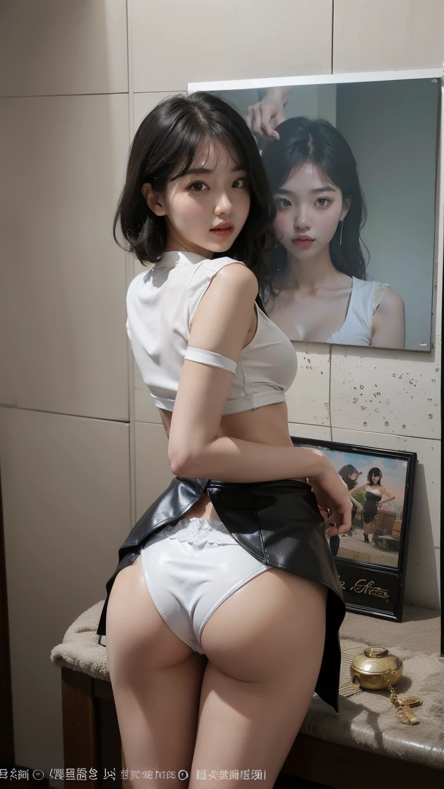 arafed asian woman in a tight white shirt and tiny black leather skirt posing for a photo, very sexy pose, elegant seducing pose, sexy look, sultry body, ((tight black skirt|tiny skirt| leather miniskirt)), ((huge breasts|unbuttoned white shirt|cleavage)), ((black stockings|sexy garter)), 2 4 female model, beautiful alluring teen, model with attractive body, sexy body, gorgeous young korean woman, beautiful feminine body, gorgeous young model, young sensual graceful, gorgeous chinese model, ((curly bangs)), ((very dark short hair)), ((black hair in a rough shag)), wavy hair, (masterpiece:1.3), high resolution