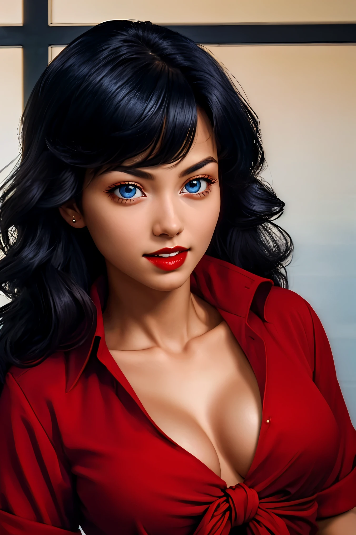 hannah dundee, blue eyes, black hair, long hair, cowboy shot, (red shirt:1.2), front-tied shirt, cleavage, red lips, dark-skinned female, portrait, upper body