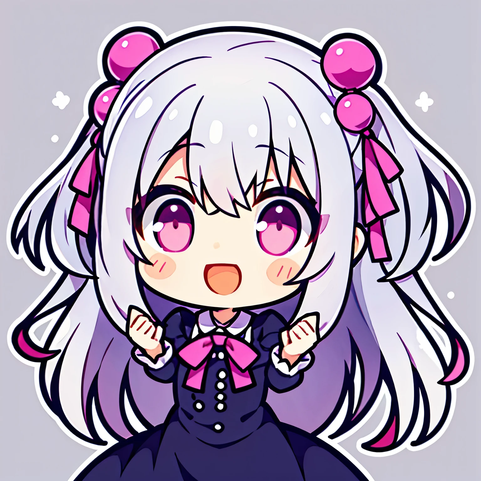 bright look，open mouth smile,Very cute Q version silver-haired girl ,pink eyes and pupils,long hair,two side up,simple background