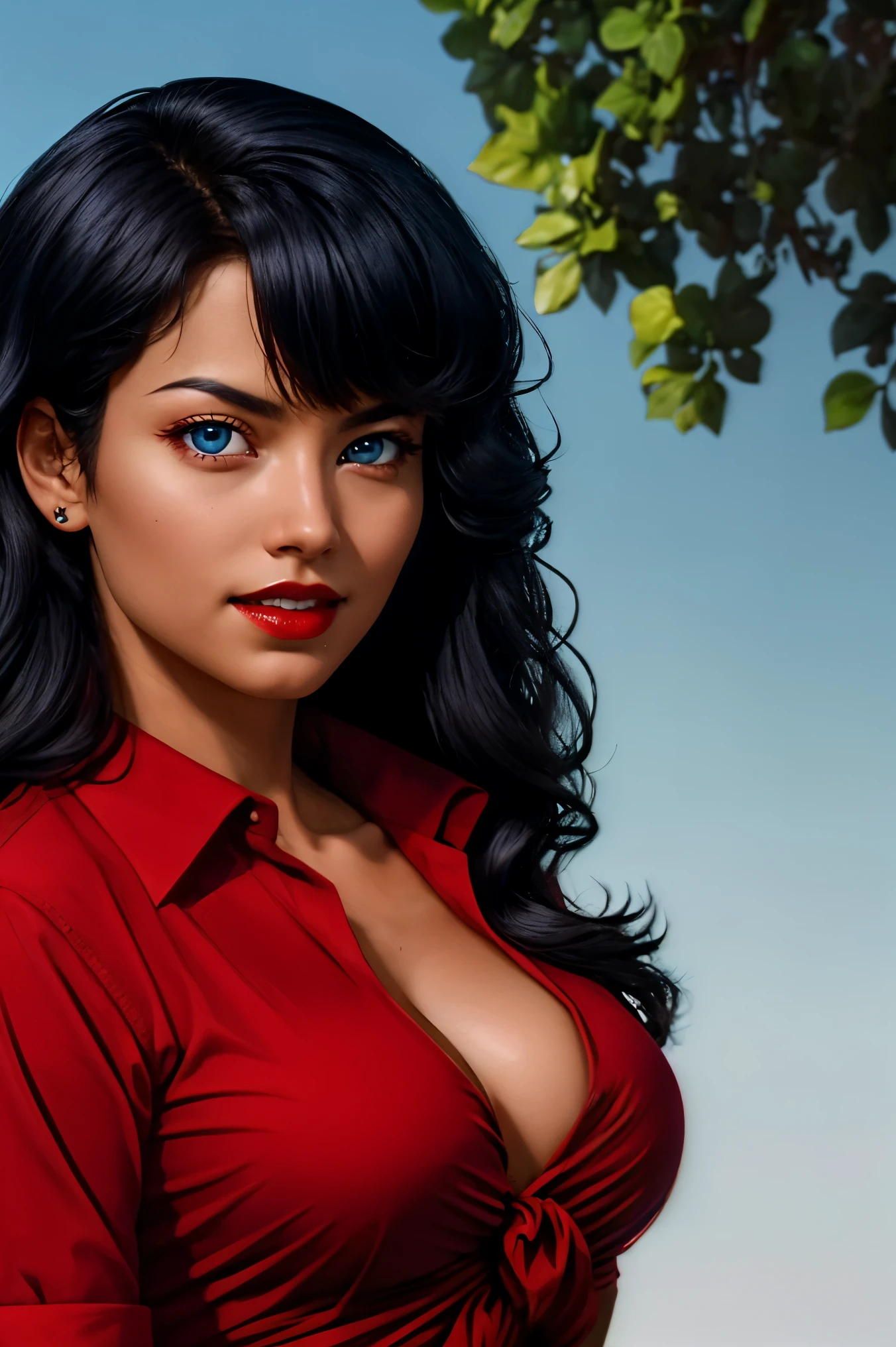 hannah dundee, blue eyes, black hair, long hair, cowboy shot, (red shirt:1.2), front-tied shirt, cleavage, red lips, dark-skinned female, portrait, upper body