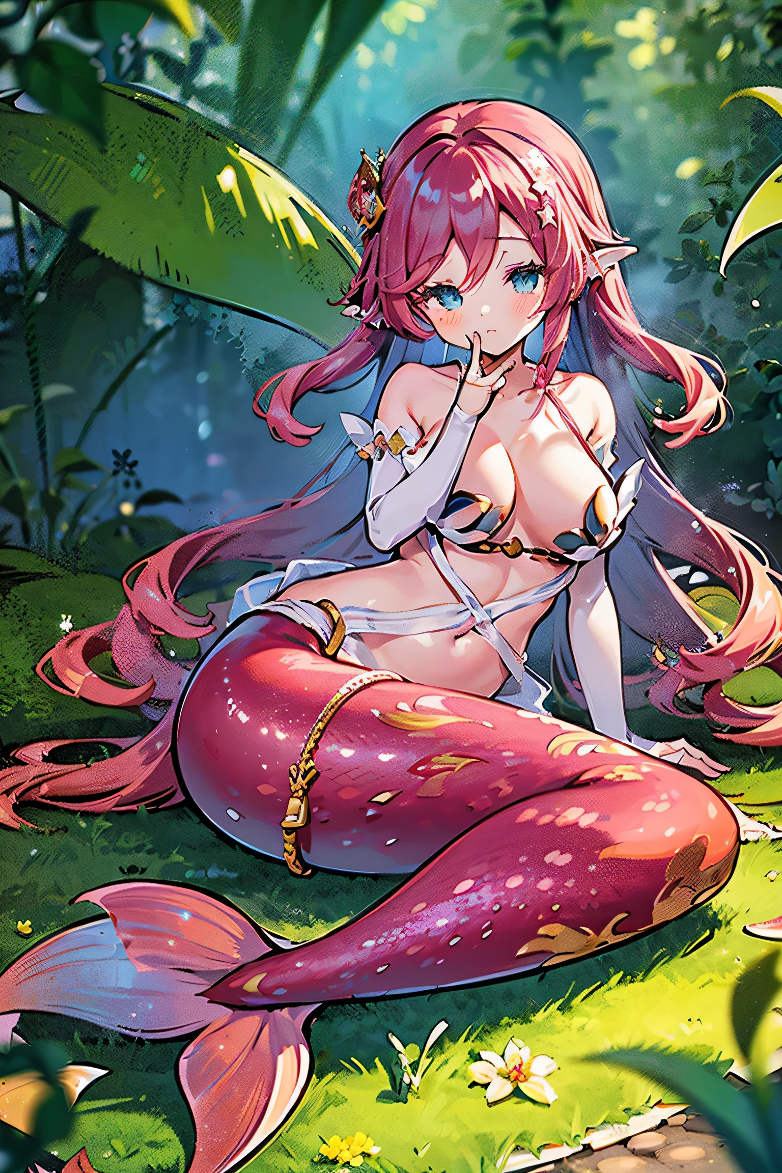 masterpiece, best quality,a female,big breasts,Mermaid,red mermaid tail,full-body shot,charming face(kawaii, charming,soft)