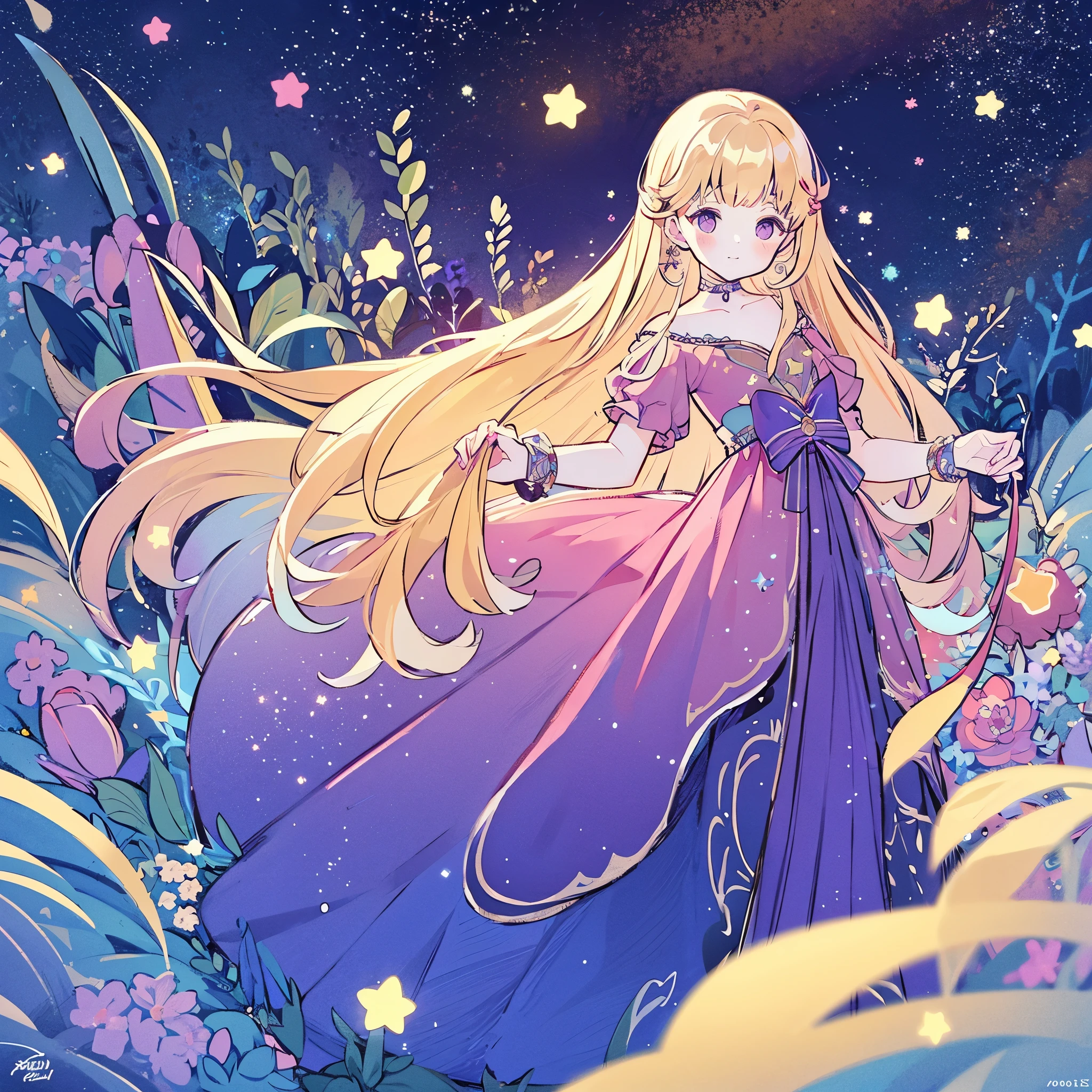 complex background, wishing star background, a woman wearing an ethereal mystical pink translucent dress that reflects the stars, perfume promo art, mystic, complex drawing, highly detailed, Covergirl brand, promo art, artistic rendition, ethereal, starry night, midjourney style