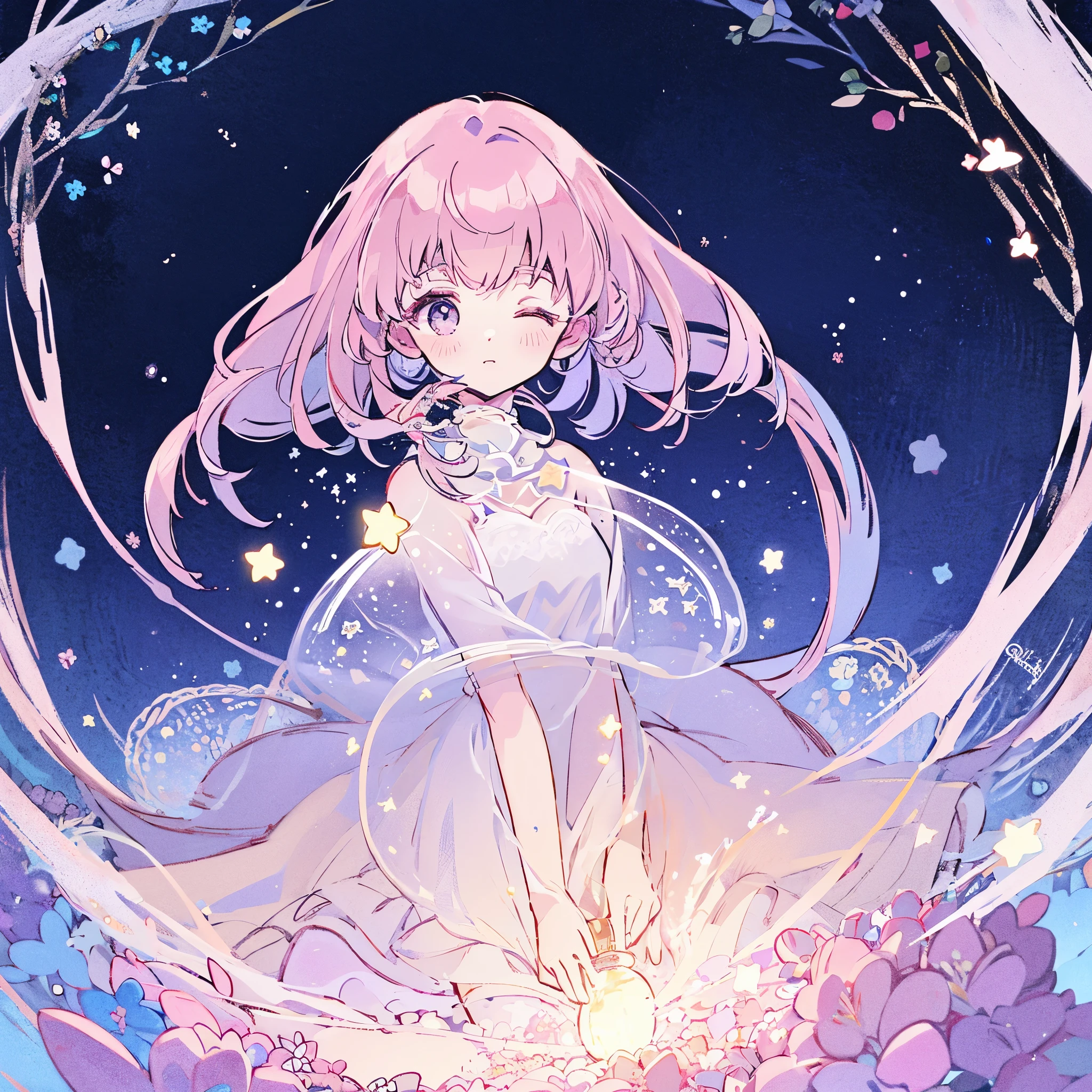 complex background, wishing star background, a woman wearing an ethereal mystical pink translucent dress that reflects the stars, perfume promo art, mystic, complex drawing, highly detailed, Covergirl brand, promo art, artistic rendition, ethereal, starry night, midjourney style