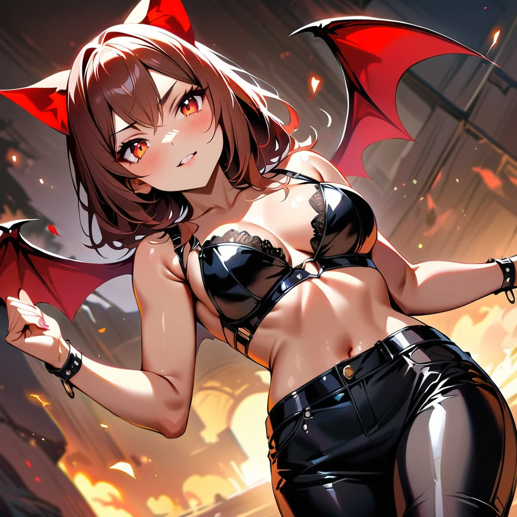 (masterpiece, best quality:1.2), 1girl, solo, leather bra, leather pants, red eyes, red-black demon wings.