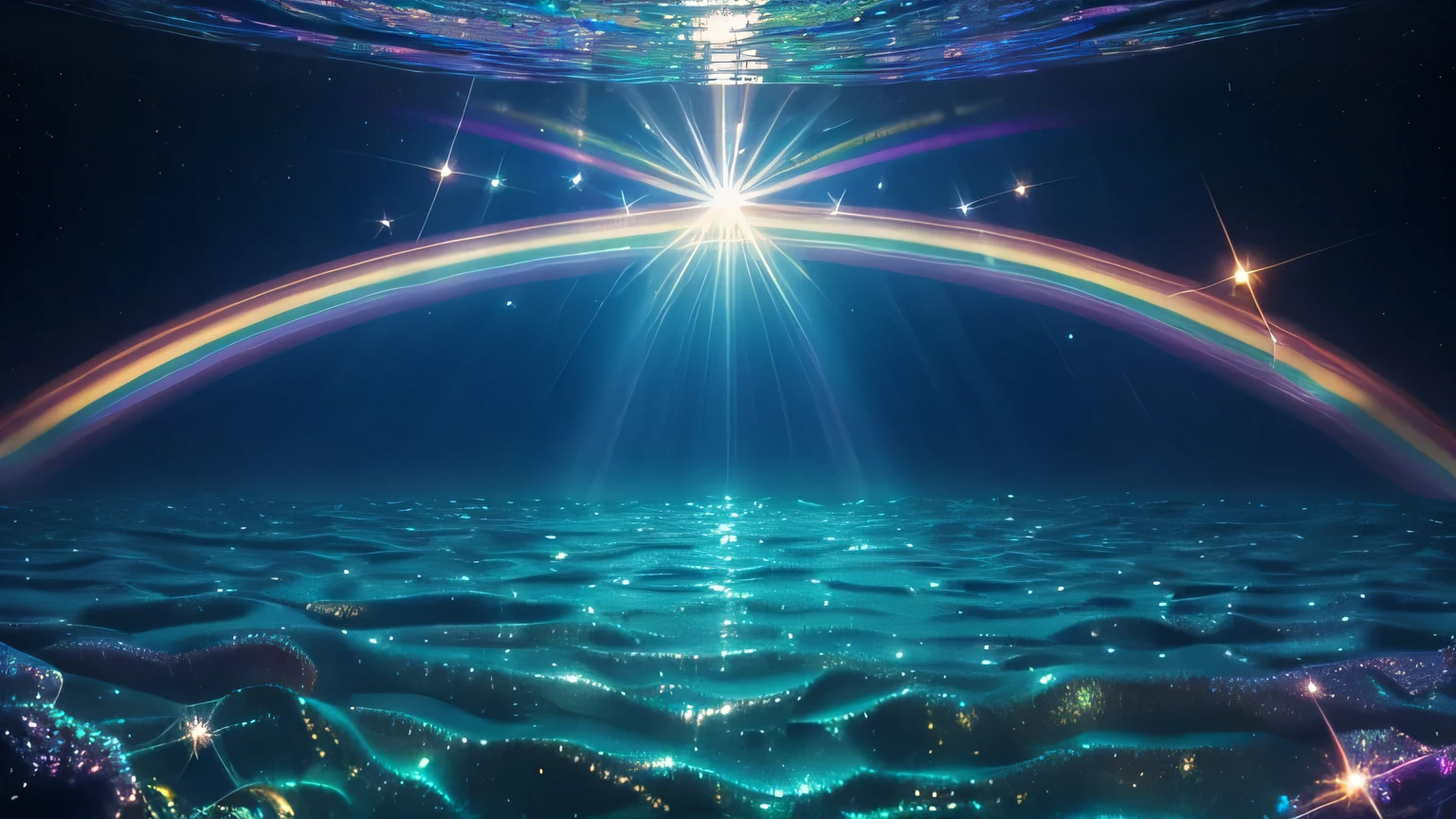 ultra-detailed marine fauna ((with iridescent shine)), sun rays passing through the sea water, at the bottom of the sea, very shiny creatures, (((holographic))), (((rainbow))), glass effect