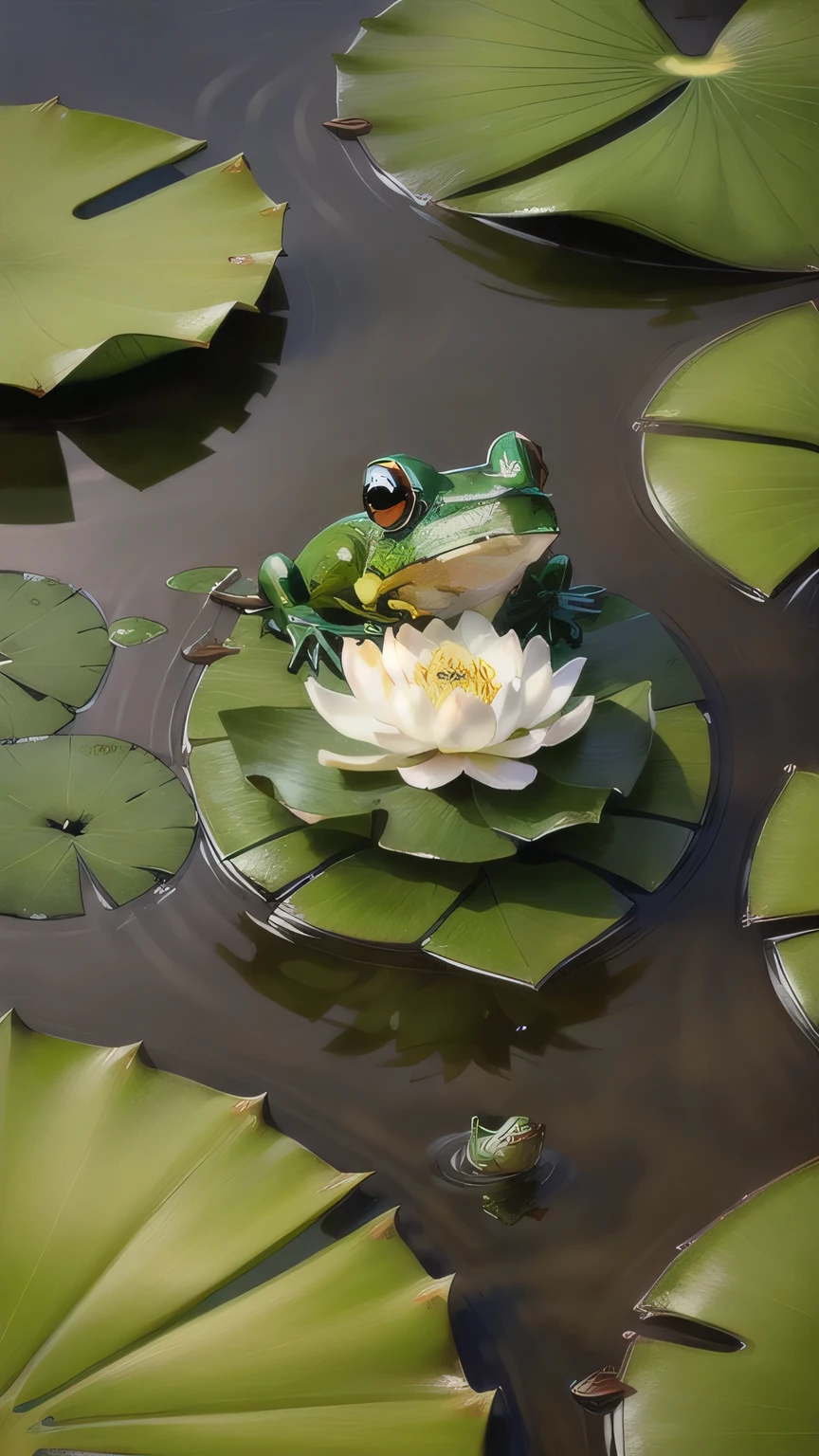 The frog is always lying on the lotus leaf