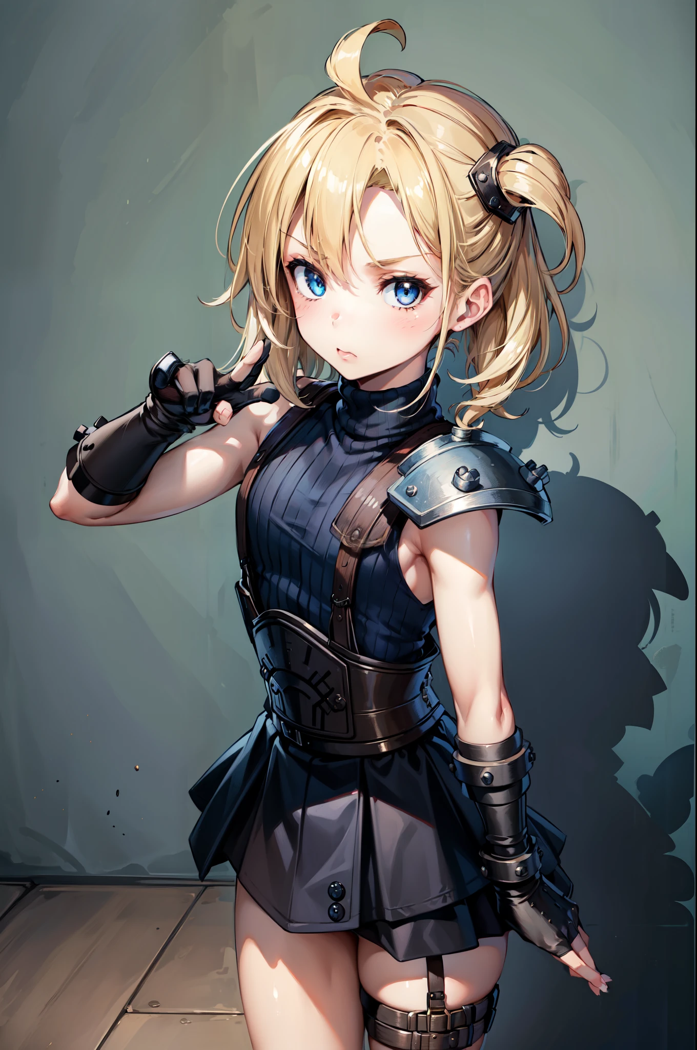 (masterpiece, best quality:1.2), expressive eyes, perfect face, highres, 1 girl, solo, (small:1.5), kids, (female:1.5), strife, blonde hair, shoulder armor, sleeveless turtleneck, suspenders, belt, gloves, bracer, blushing, surprised face, standing, portrait, looking at viewer,