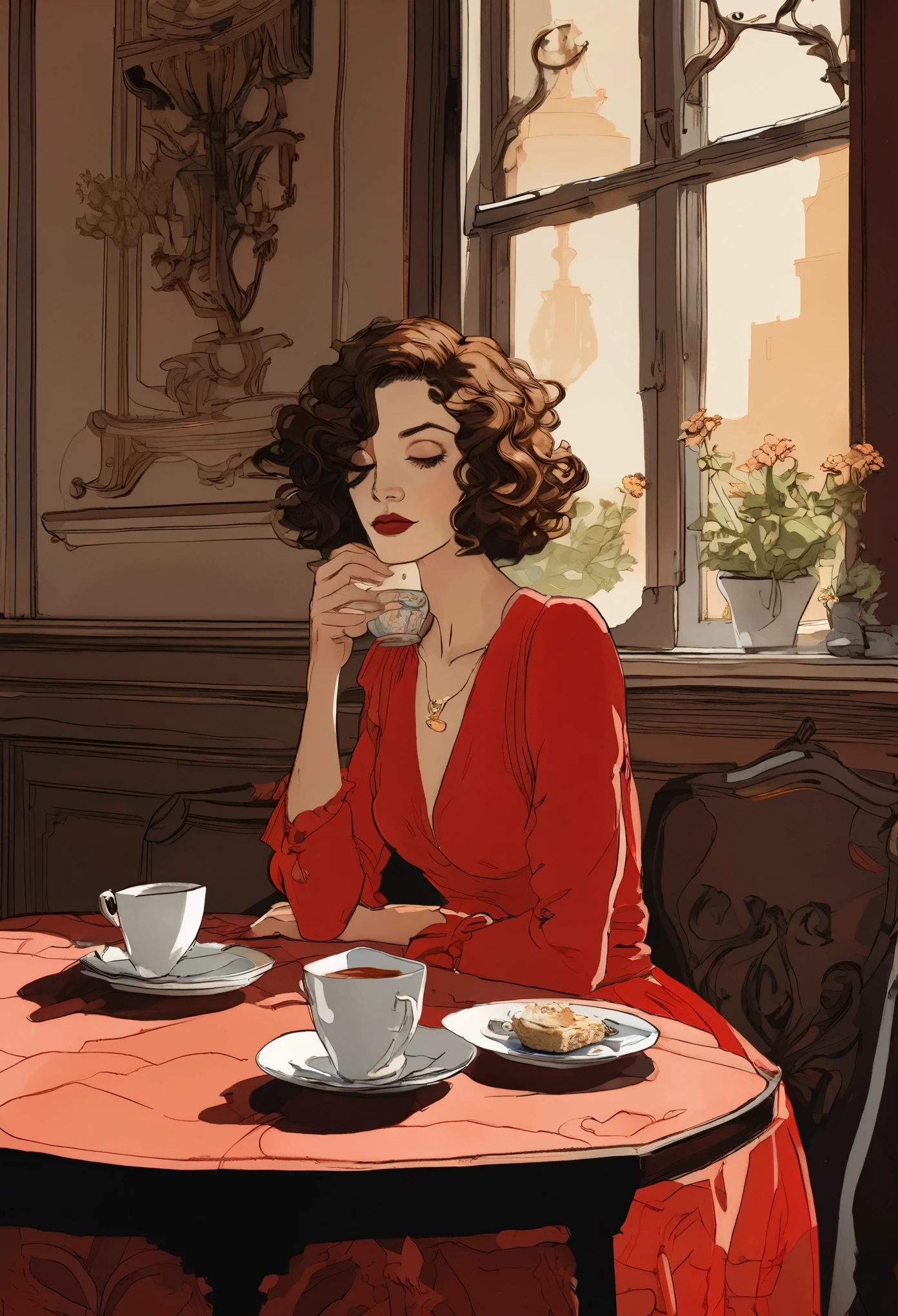 style by Abigail Larson, masterpiece, very delicate and beautiful, highly detailed, amazing, attention to detail, a 50-year-old sexy woman in a very short tight-fitting red dress, short rare light curly hair, drinking hot tea, one leg crossed over the other, She is contemplating divorce from her husband, wide open legs, On the table, there is a plate with salad and a brownie. In the background there walls and vaults of a cozy, small, cramped café in Buenos Aires adorned with two painting,votive candle, with evening light streaming in through the window, 2D illustration
