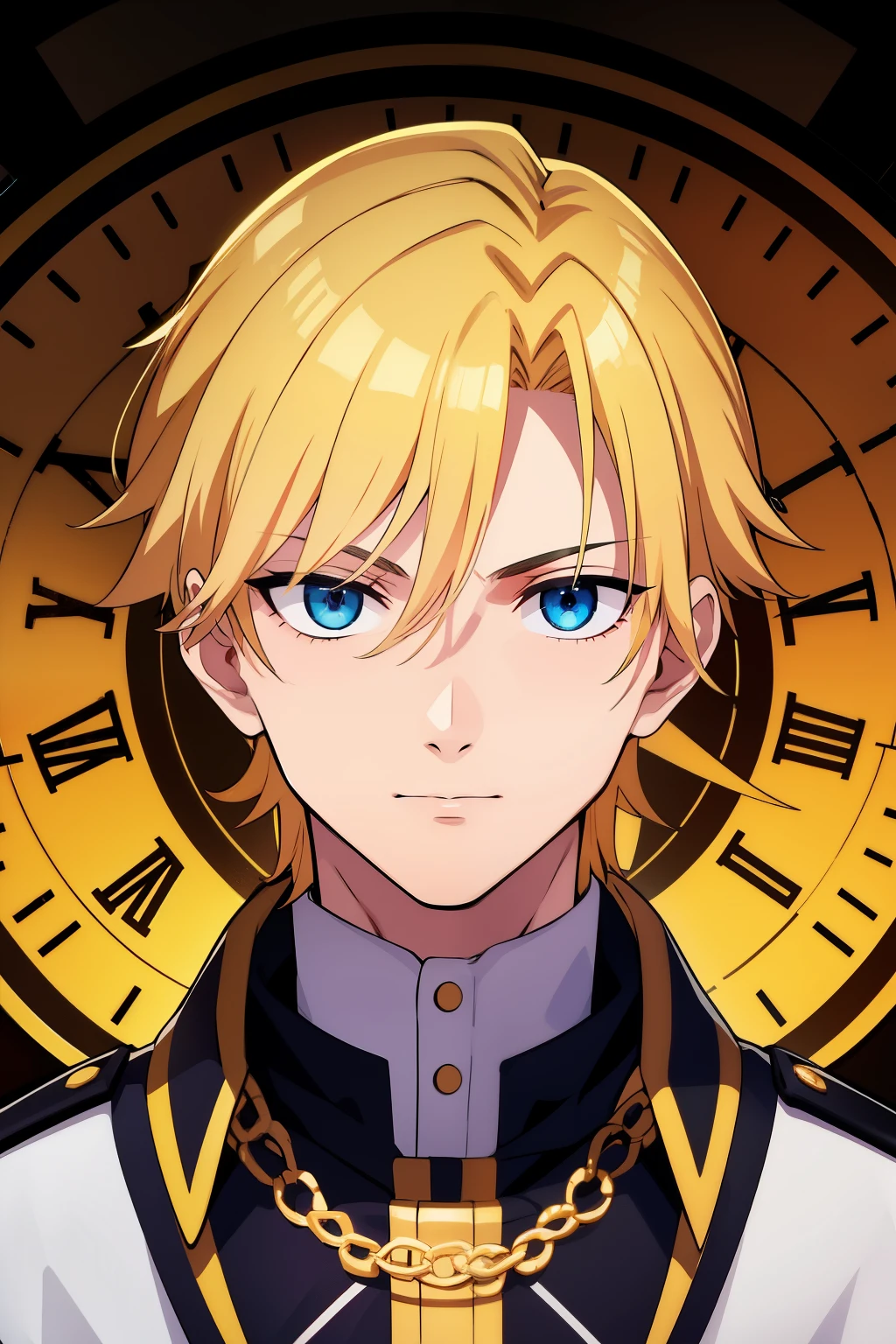 (high-quality, breathtaking),(expressive eyes, perfect face) 1boy, male, solo, , teenag yellow color hair, blue highlights, red eye color, spiky hair, medium hair length, braid, cute face, masculine face, modern clothing, shirt, Symmetrical Eyes, portrait, halfbody, positive expression, Time God, clock background, Adventurer clothing, narrow eyes
