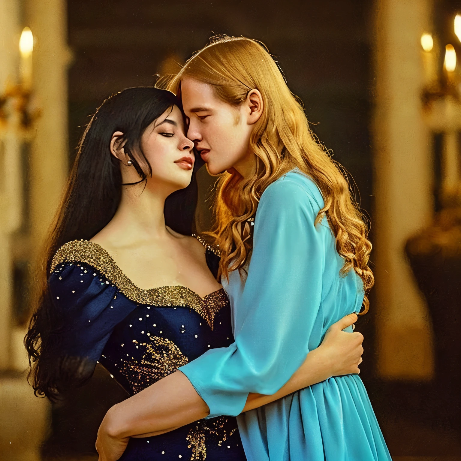 In the majestic halls of the castle, onde o brilho das joias e o farfalhar dos vestidos de seda preenchiam o ar, um casal destacava-se entre a nobreza. Ele, a knight with short midnight black hair in a modern cut and eyes as blue as the summer sky, emanava uma aura de coragem e nobreza. Ela, a lady with golden hair that sparkled in the candlelight, and hazel eyes that reflected the depth of his soul, radiated an incomparable elegance and grace.

Among the courteous murmurs and polite smiles of those present, seus olhares se encontraram, e o mundo ao seu redor pareceu desaparecer. Amidst the pomp and ostentation of the nobility, eles se aproximaram, drawn by the undeniable connection they shared. Their hearts beat in unison, defying all social conventions and expectations.

Num gesto de ternura e afeto, they embraced each other in a hug that transcended words, um encontro de almas que se reconheciam em meio ao tumulto do mundo exterior. Sob os olhares atentos daqueles ao seu redor, they found refuge in each other&#39;s arms, como se ali, naquele momento fugaz, could escape the pressures and responsibilities that awaited them on the outside.

E assim, surrounded by the soft music and the atmosphere of romance that permeated the air, the ebony-haired knight and the golden-haired lady shared a moment of pure intimacy, where nothing else mattered other than the comforting warmth of another&#39;s embrace. Em meio ao esplendor da nobreza, eles encontraram a verdadeira riqueza: the love that transcended all barriers and defied destiny itself.