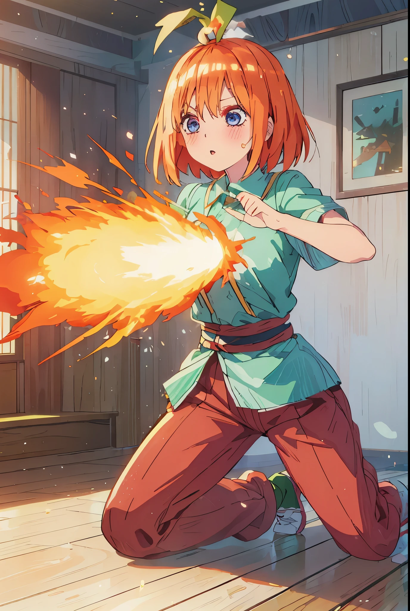 Yotsuba nakano , sneezing, sneezing fire, yotsuba sneezing and a blaze of flame bursts from her nose, short orange hair, bob irange hair, blue eyes, nakano_yotsuba, splendid, iridescent, dynamic pose, moving, excellent character design, full body pose, perfect face, aayotsuba, bangs, firebreath, green ribbon on hair, green ribbon on top of head, cheery face, surprised face, cute face, startled face,