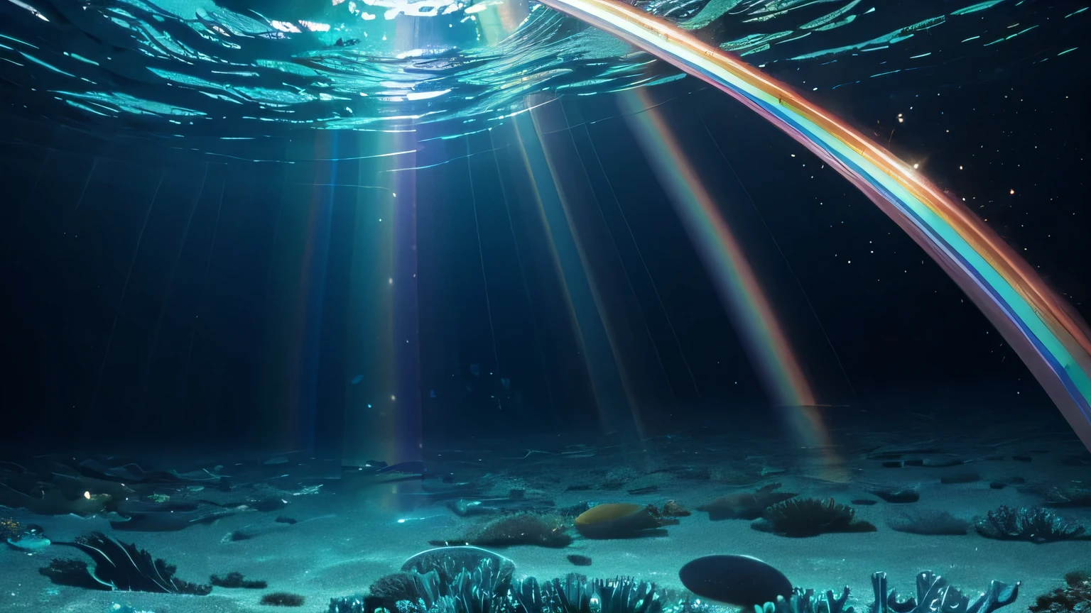 ultra-detailed marine fauna ((with iridescent shine)), sun rays passing through the sea water, at the bottom of the sea, very shiny creatures, (((holographic))), (((rainbow))), glass effect